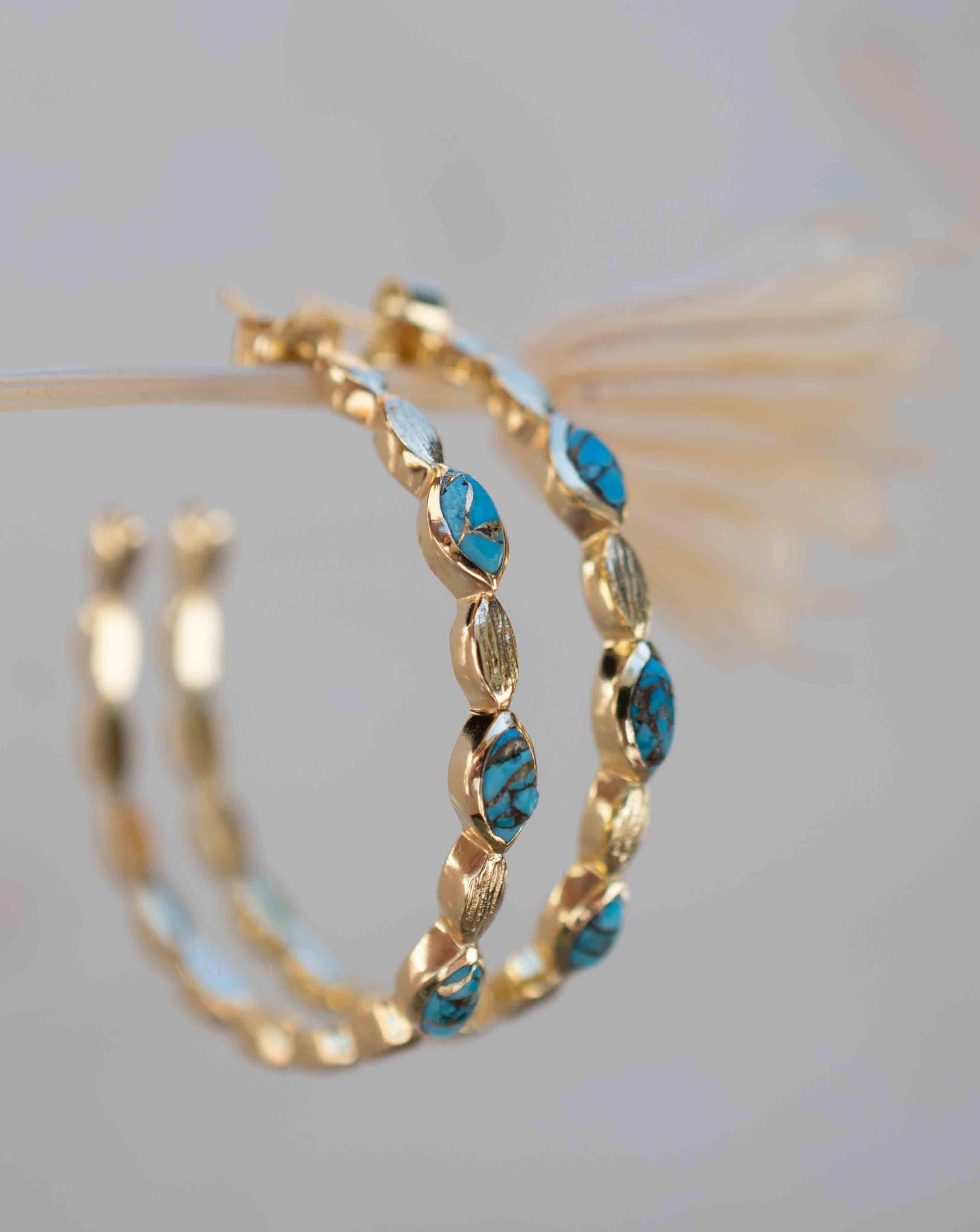 Copper Turquoise Hoop Earrings 18k Gold Plated Earrings ~ Gemstone ~ Post ~Boho design ~ Handmade ~ Jewelry ~ Gift for her ~ ME206
