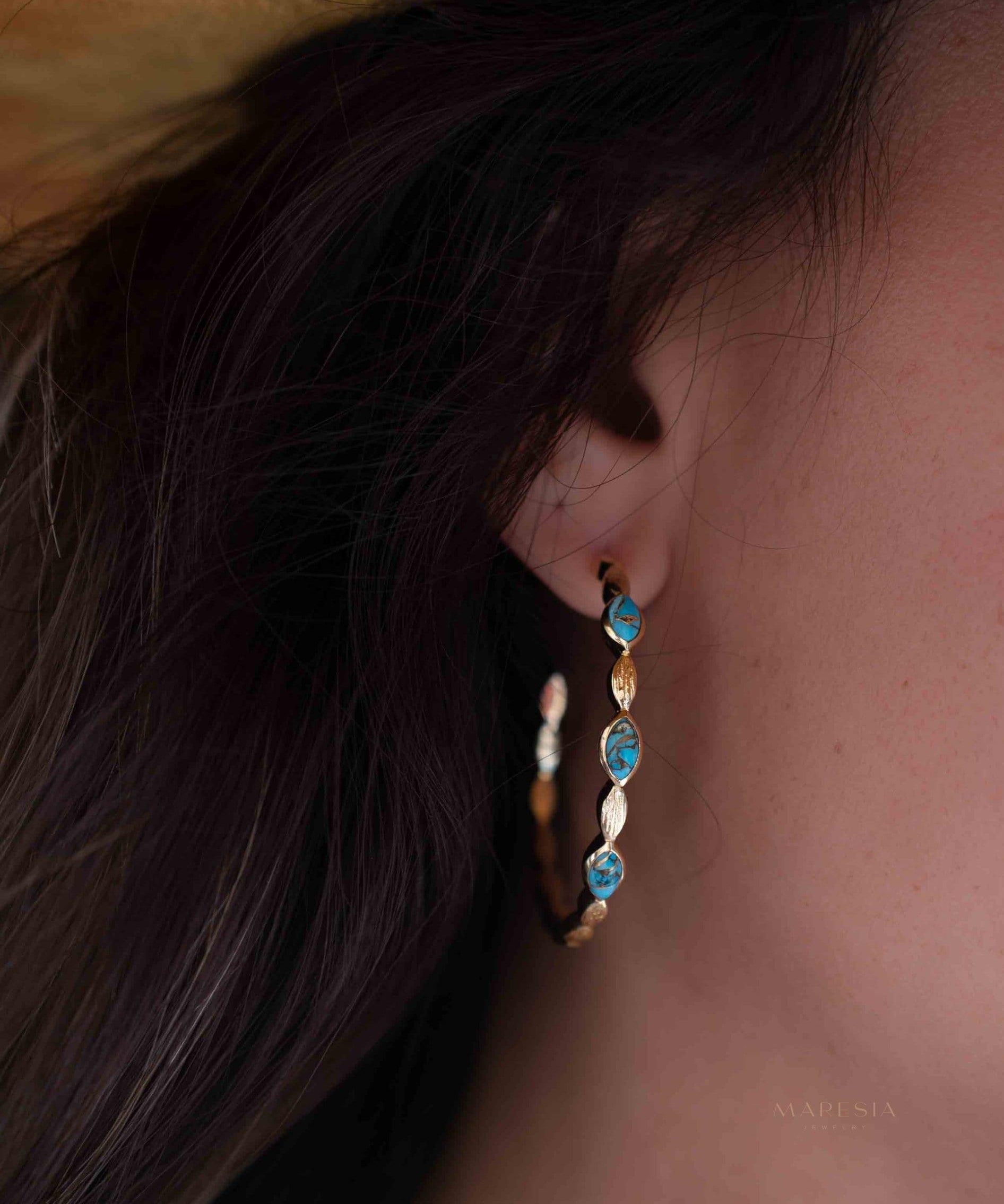 Copper Turquoise Hoop Earrings 18k Gold Plated Earrings ~ Gemstone ~ Post ~Boho design ~ Handmade ~ Jewelry ~ Gift for her ~ ME206