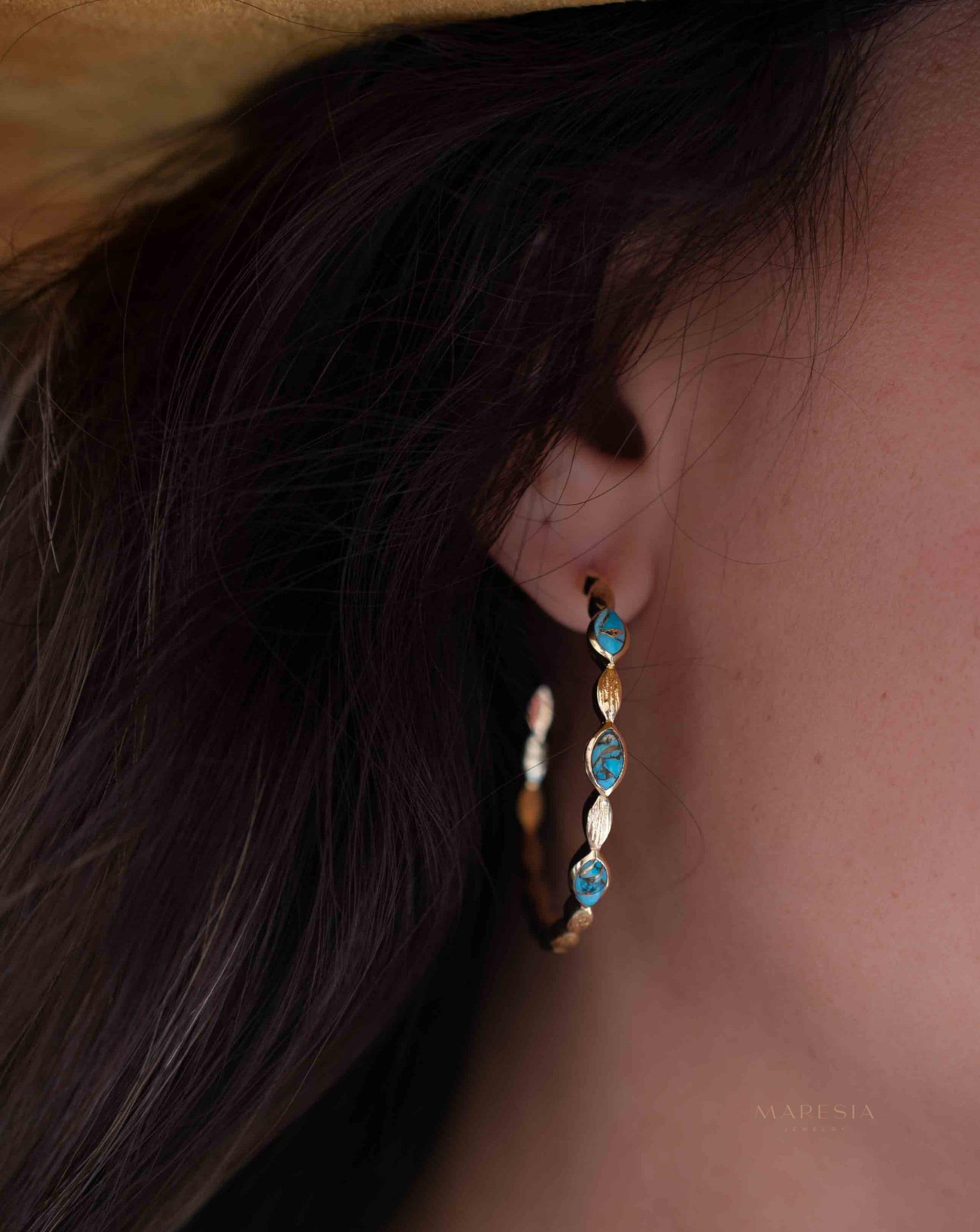 Copper Turquoise Hoop Earrings 18k Gold Plated Earrings ~ Gemstone ~ Post ~Boho design ~ Handmade ~ Jewelry ~ Gift for her ~ ME206