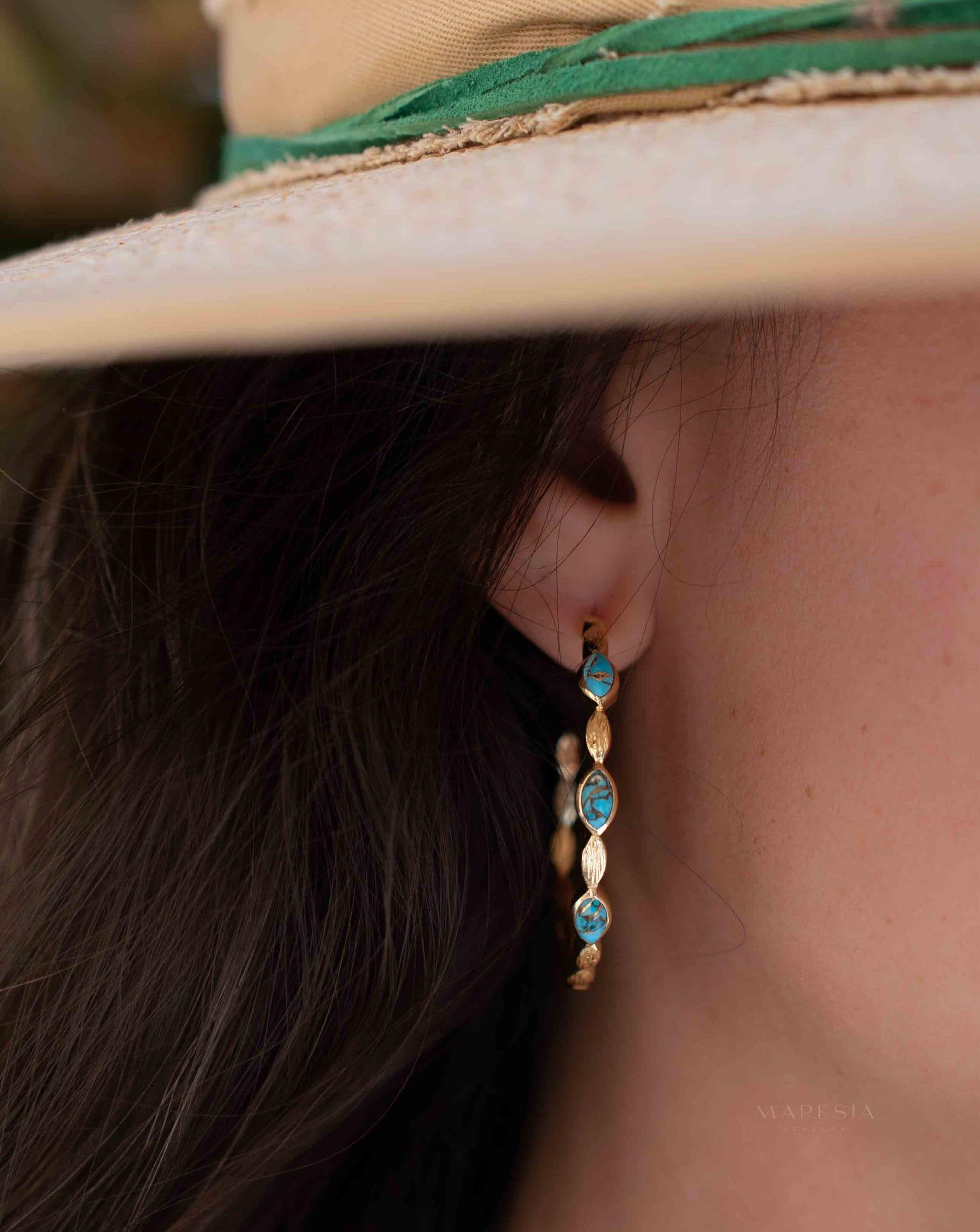Copper Turquoise Hoop Earrings 18k Gold Plated Earrings ~ Gemstone ~ Post ~Boho design ~ Handmade ~ Jewelry ~ Gift for her ~ ME206