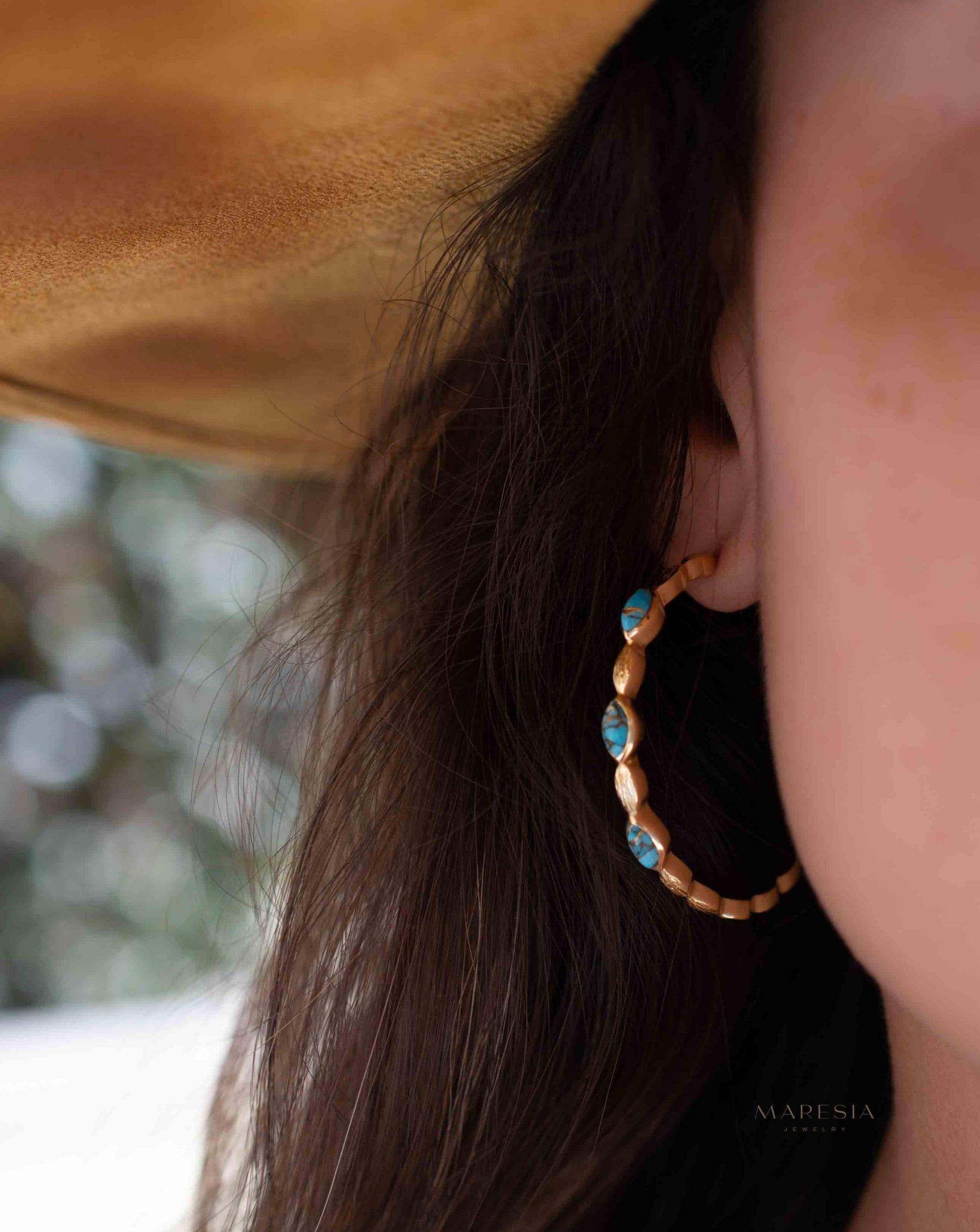 Copper Turquoise Hoop Earrings 18k Gold Plated Earrings ~ Gemstone ~ Post ~Boho design ~ Handmade ~ Jewelry ~ Gift for her ~ ME206