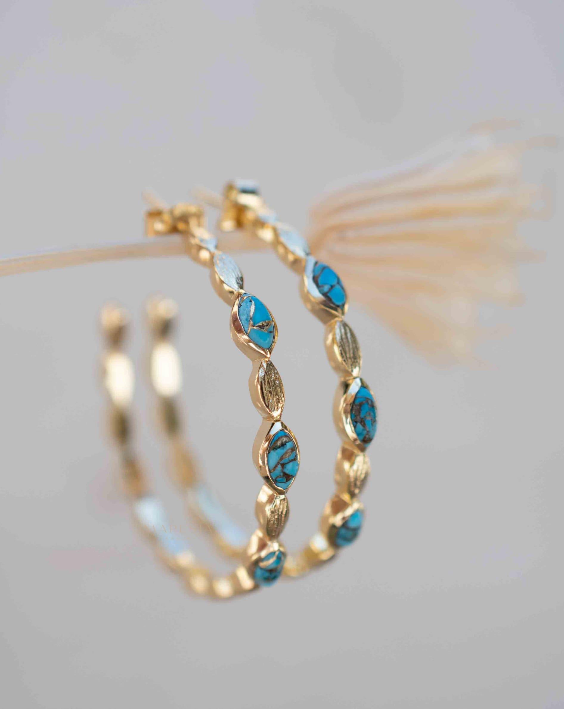 Copper Turquoise Hoop Earrings 18k Gold Plated Earrings ~ Gemstone ~ Post ~Boho design ~ Handmade ~ Jewelry ~ Gift for her ~ ME206