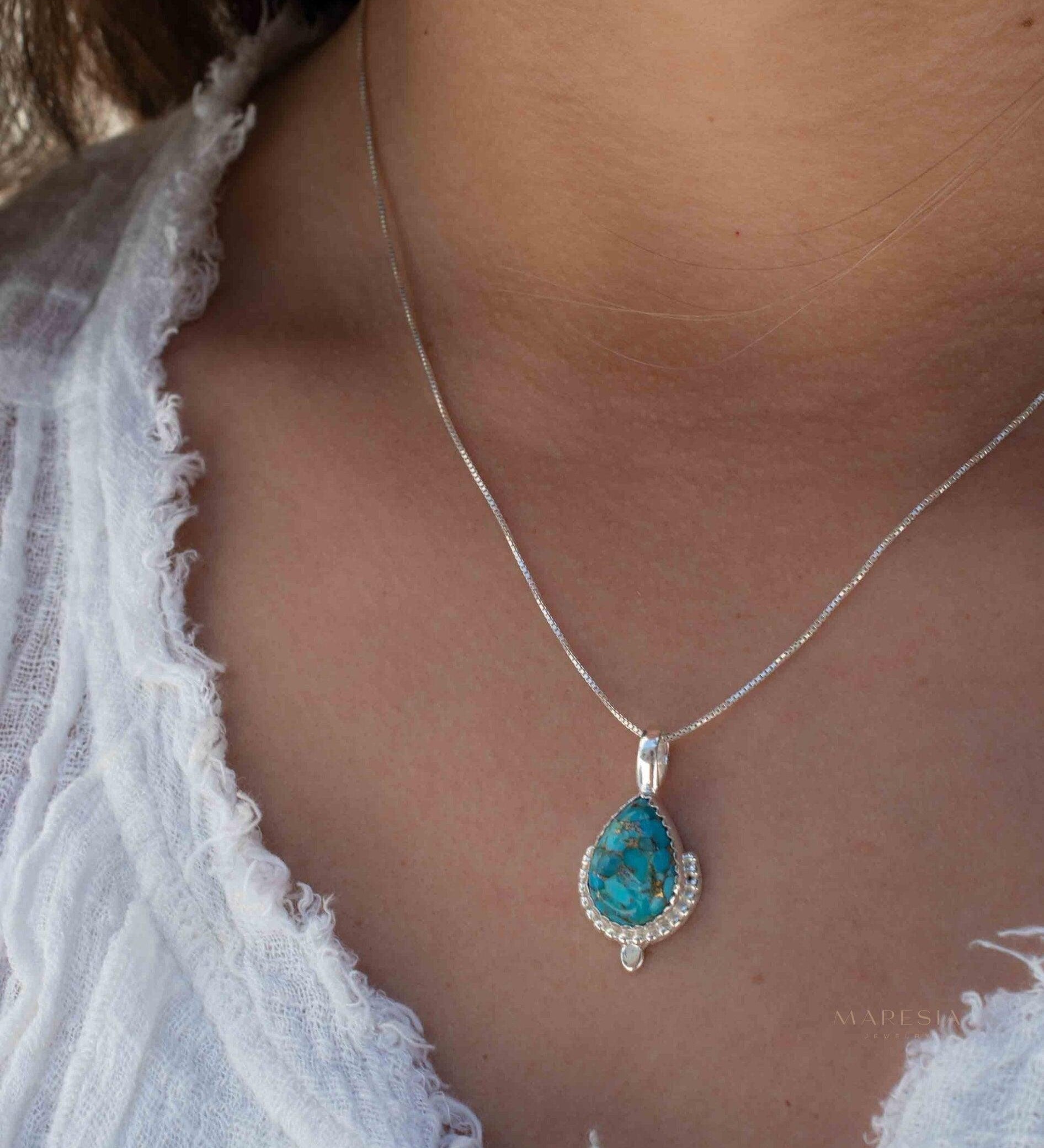 Copper Turquoise Necklace ~ Tear Drop ~ Sterling Silver ~ Charm ~ Minimalist ~ Delicate ~ Everyday Jewelry ~ MN142