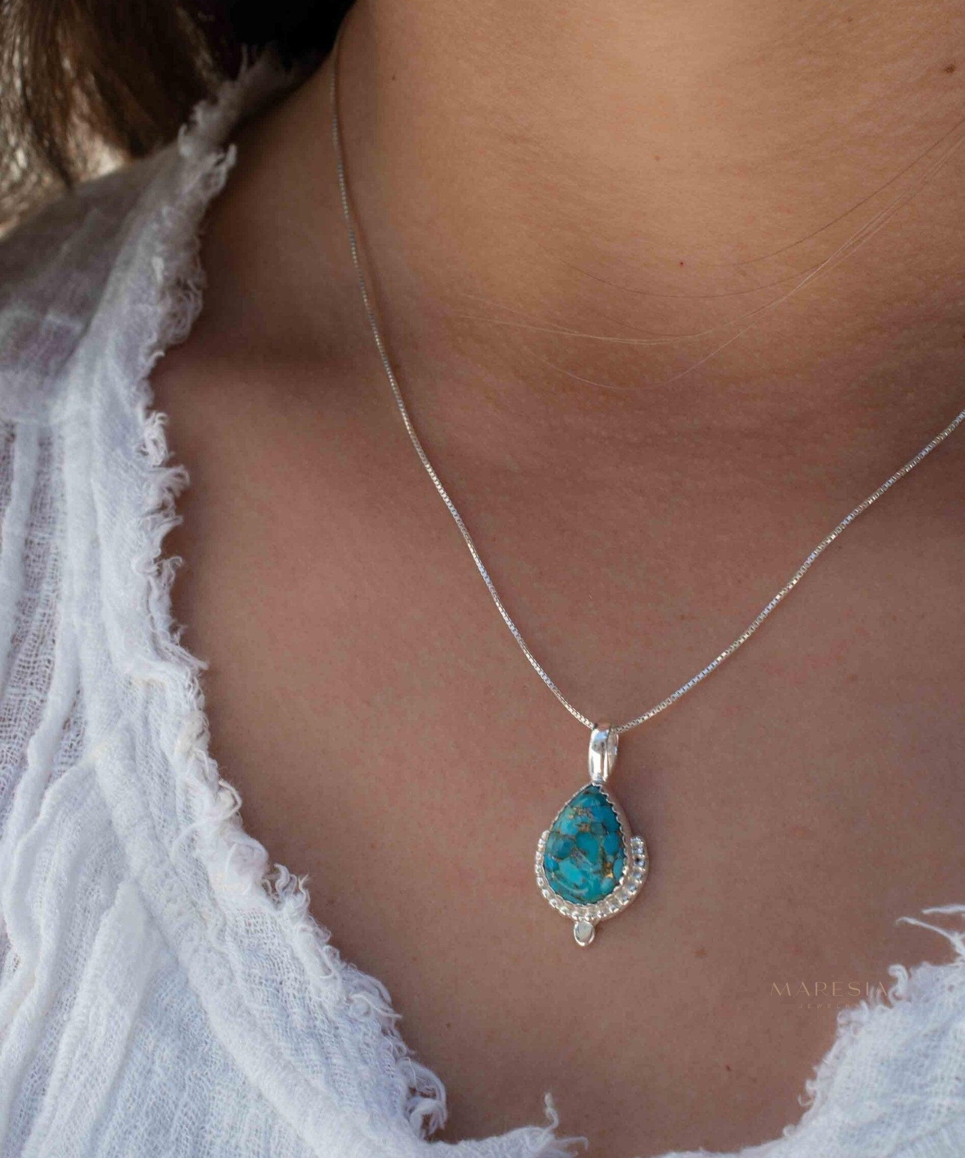 Copper Turquoise Necklace ~ Tear Drop ~ Sterling Silver ~ Charm ~ Minimalist ~ Delicate ~ Everyday Jewelry ~ MN142