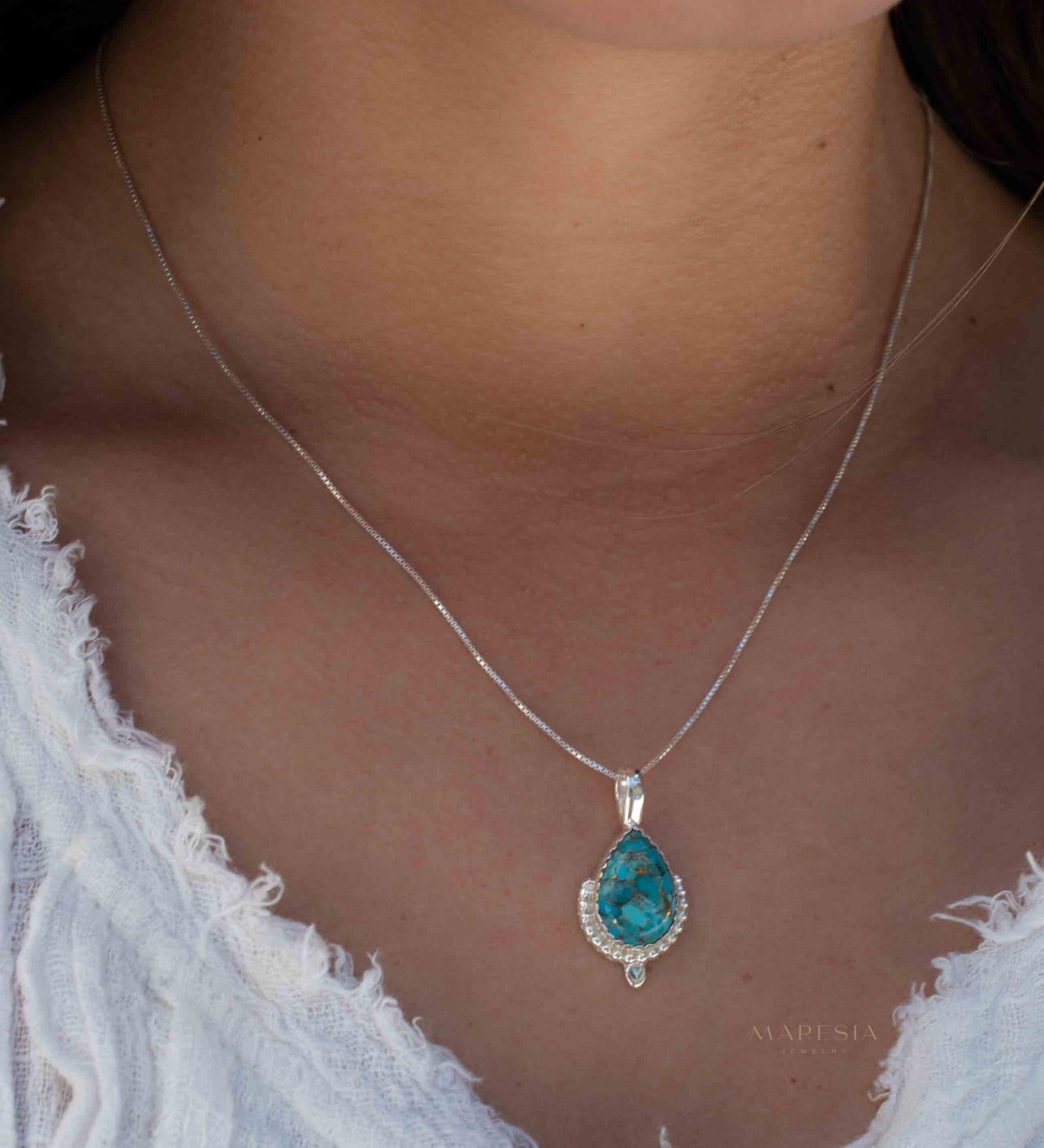 Copper Turquoise Necklace ~ Tear Drop ~ Sterling Silver ~ Charm ~ Minimalist ~ Delicate ~ Everyday Jewelry ~ MN142