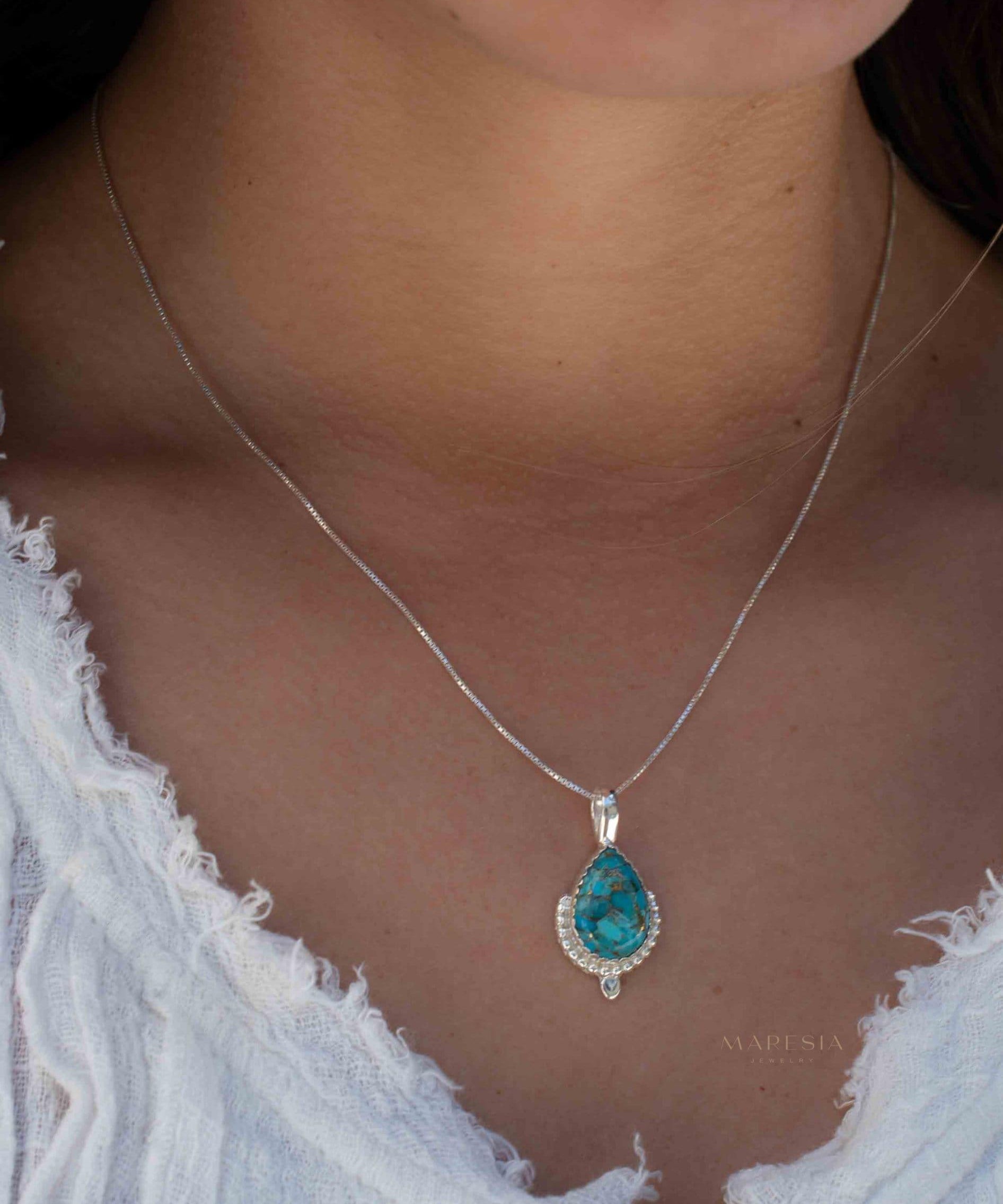 Copper Turquoise Necklace ~ Tear Drop ~ Sterling Silver ~ Charm ~ Minimalist ~ Delicate ~ Everyday Jewelry ~ MN142