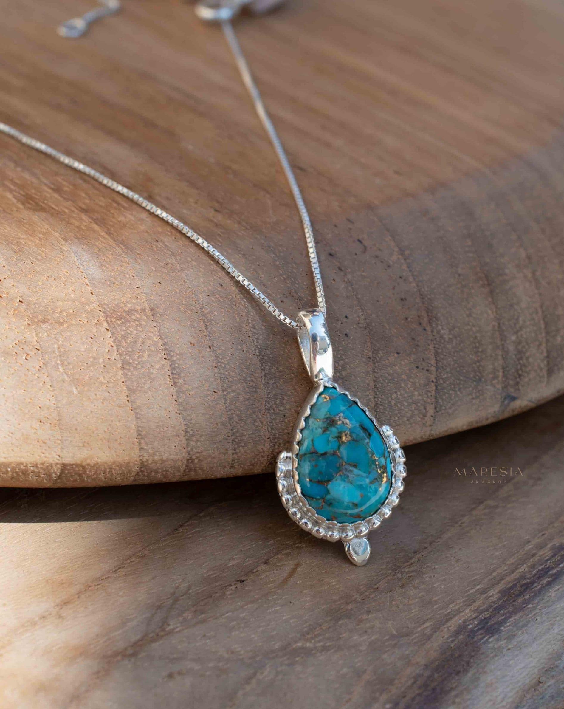Copper Turquoise Necklace ~ Tear Drop ~ Sterling Silver ~ Charm ~ Minimalist ~ Delicate ~ Everyday Jewelry ~ MN142