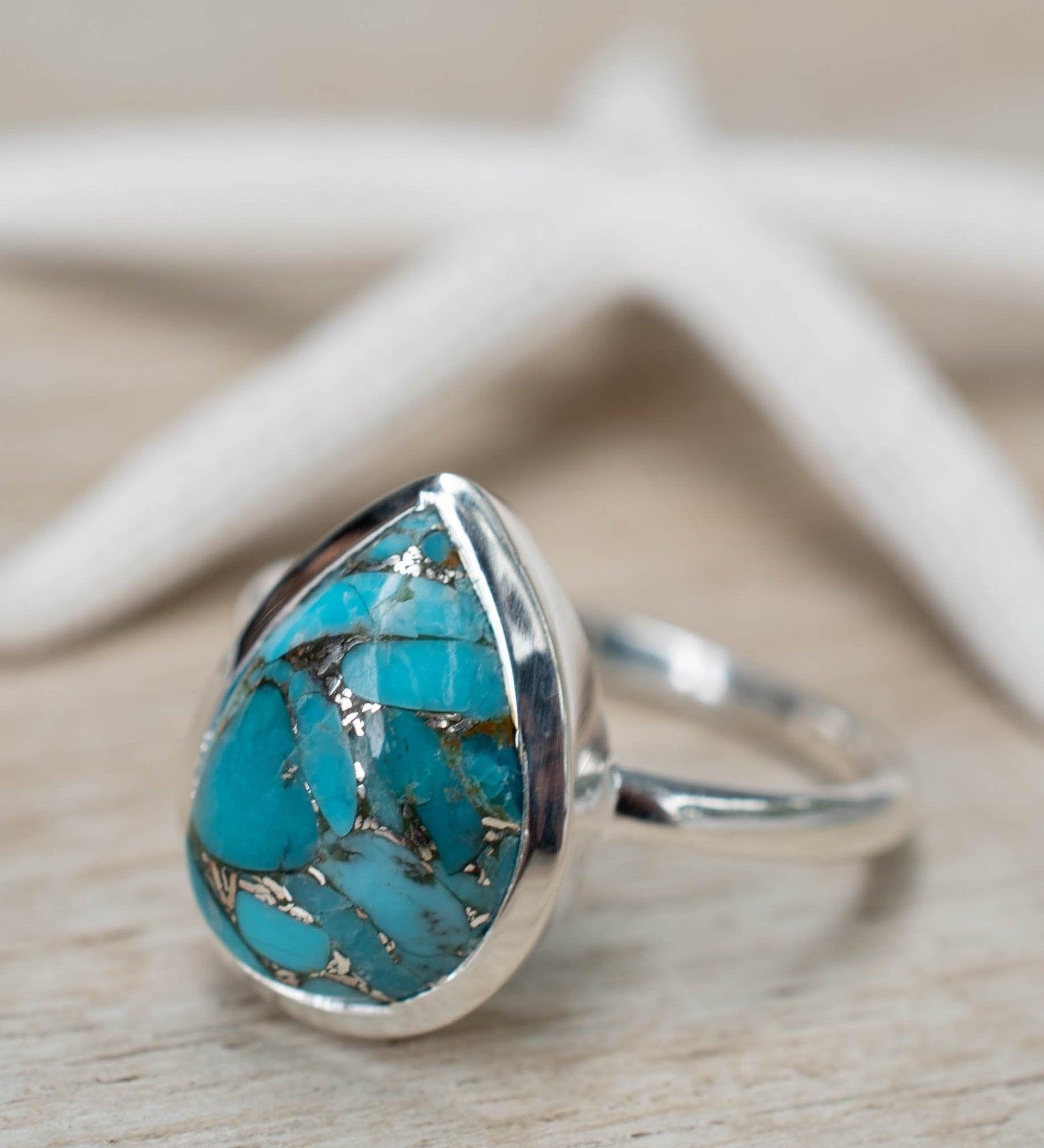 Copper Turquoise Tear Drop Ring ~ Gemstone ~ Natural ~ Sterling Silver 925~ Jewelry ~ Handmade ~ December Birthstone MR224