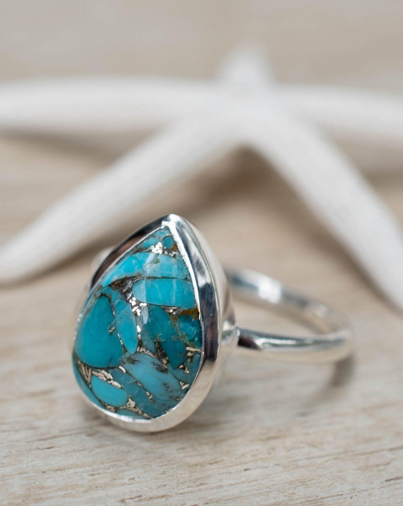 Copper Turquoise Tear Drop Ring ~ Gemstone ~ Natural ~ Sterling Silver 925~ Jewelry ~ Handmade ~ December Birthstone MR224