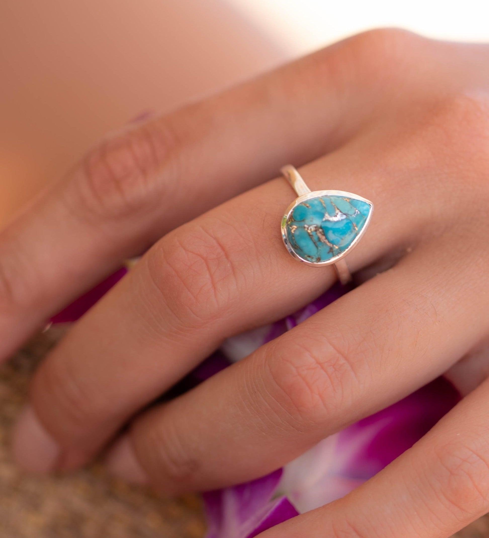 Copper Turquoise Tear Drop Ring ~ Gemstone ~ Natural ~ Sterling Silver 925~ Jewelry ~ Handmade ~ December Birthstone MR224