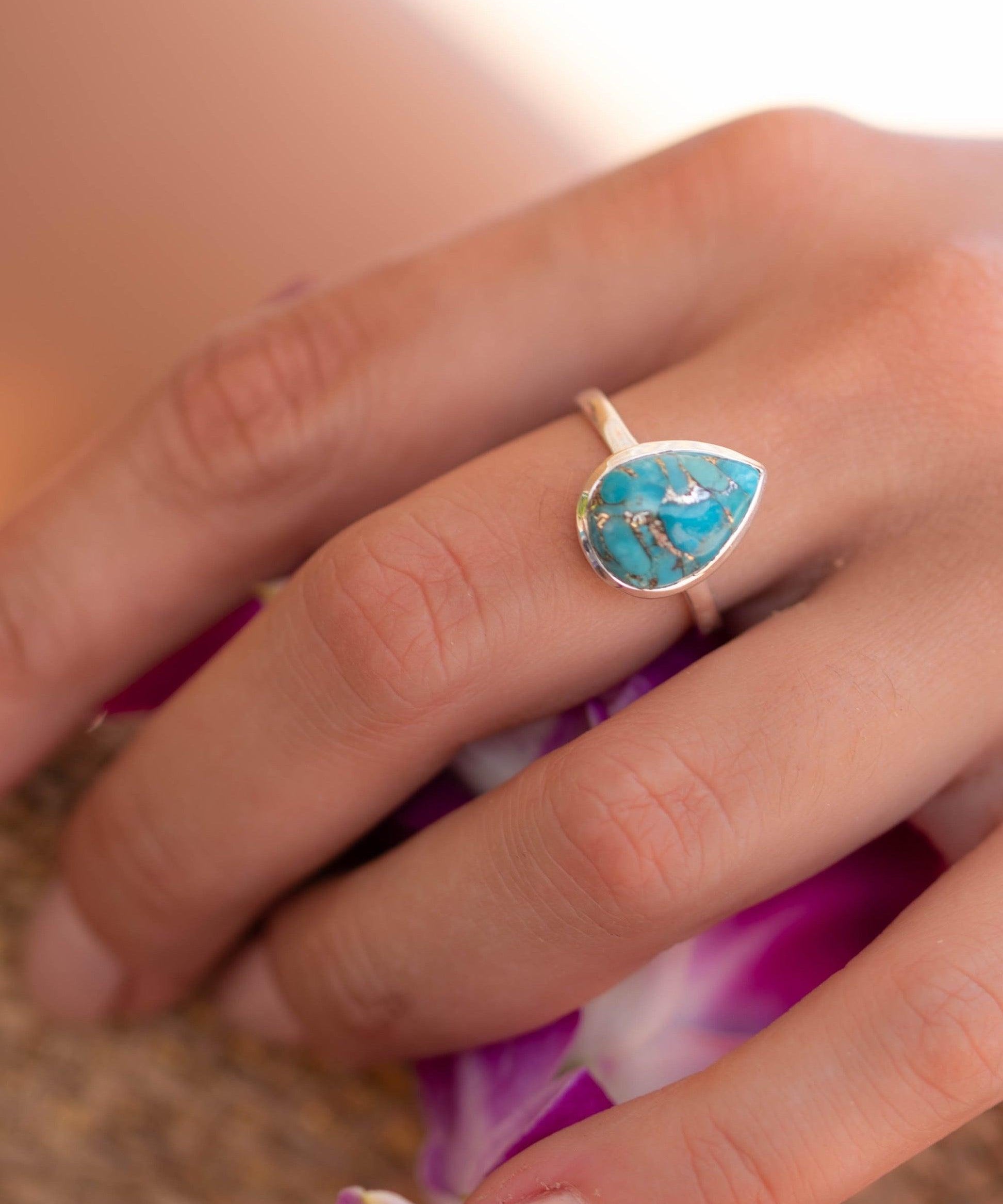 Copper Turquoise Tear Drop Ring ~ Gemstone ~ Natural ~ Sterling Silver 925~ Jewelry ~ Handmade ~ December Birthstone MR224