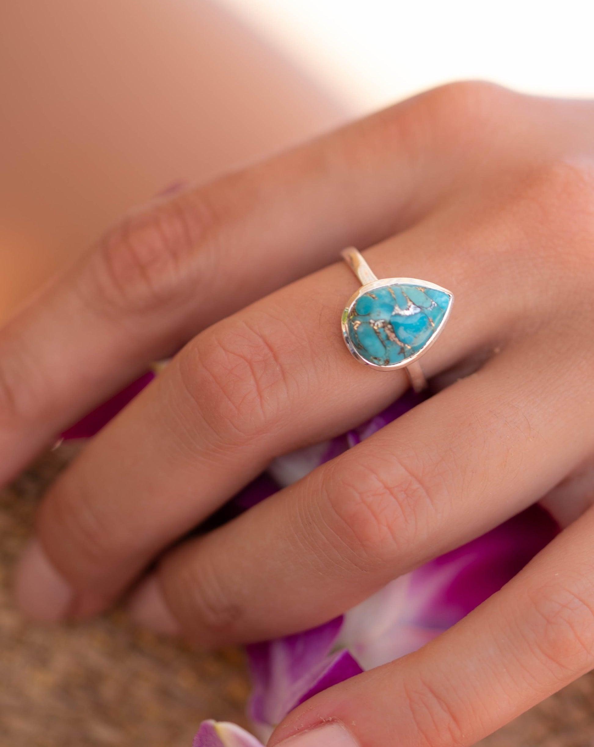 Copper Turquoise Tear Drop Ring ~ Gemstone ~ Natural ~ Sterling Silver 925~ Jewelry ~ Handmade ~ December Birthstone MR224