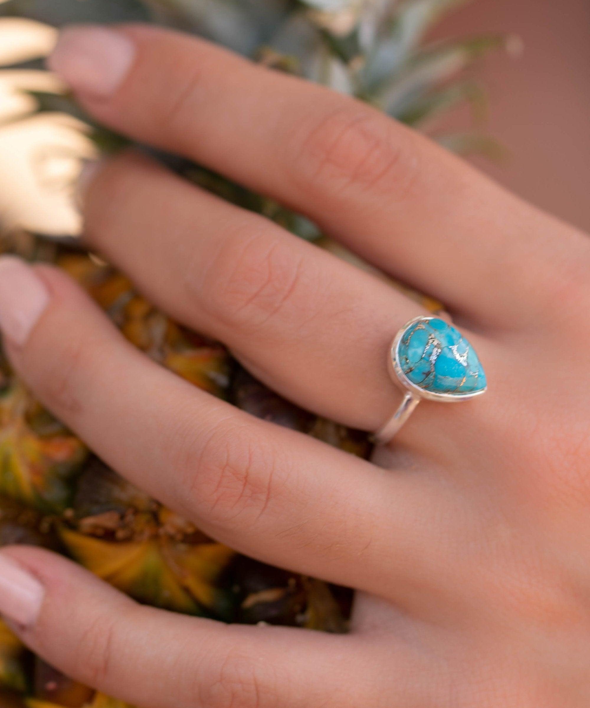 Copper Turquoise Tear Drop Ring ~ Gemstone ~ Natural ~ Sterling Silver 925~ Jewelry ~ Handmade ~ December Birthstone MR224