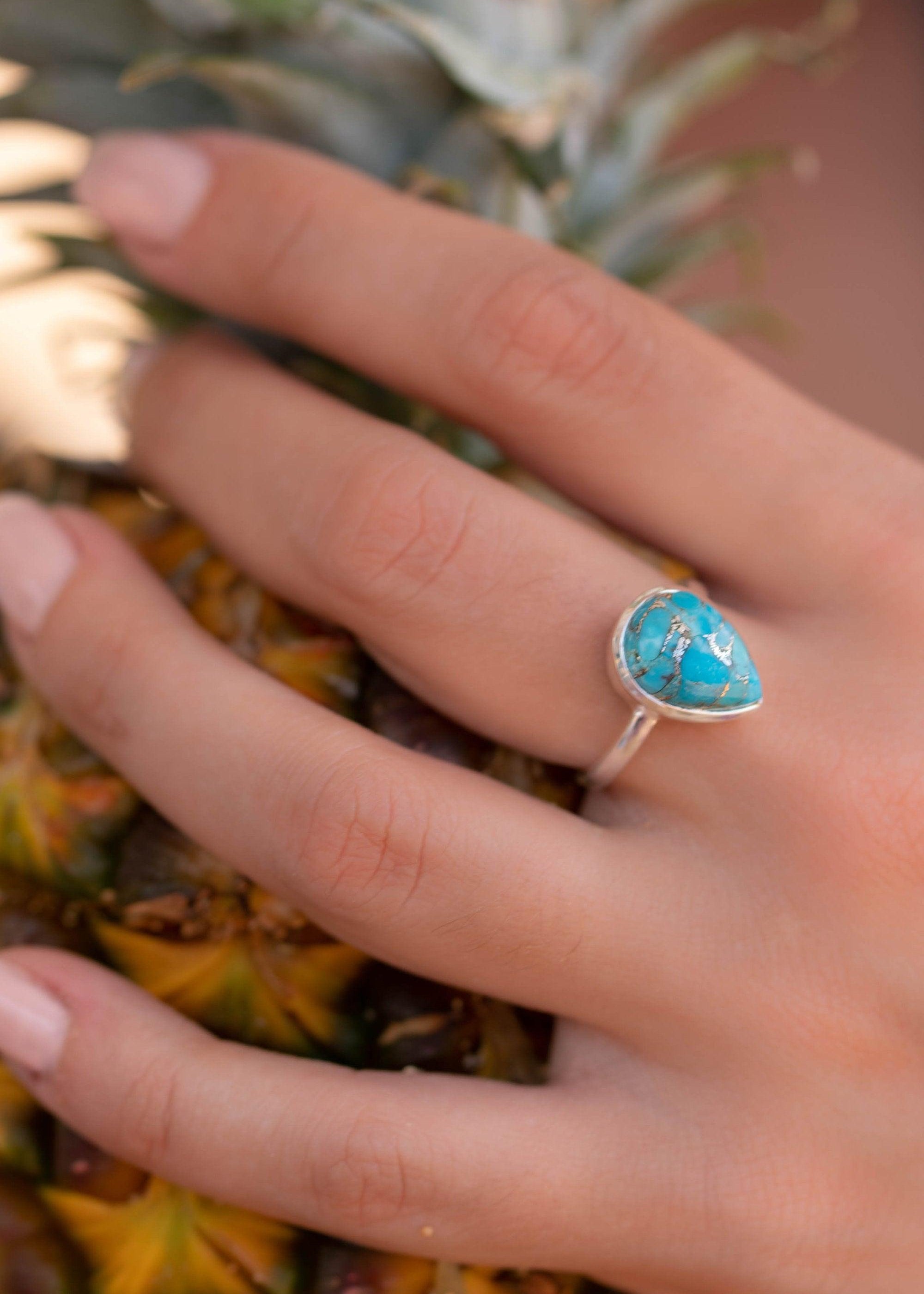 Copper Turquoise Tear Drop Ring ~ Gemstone ~ Natural ~ Sterling Silver 925~ Jewelry ~ Handmade ~ December Birthstone MR224