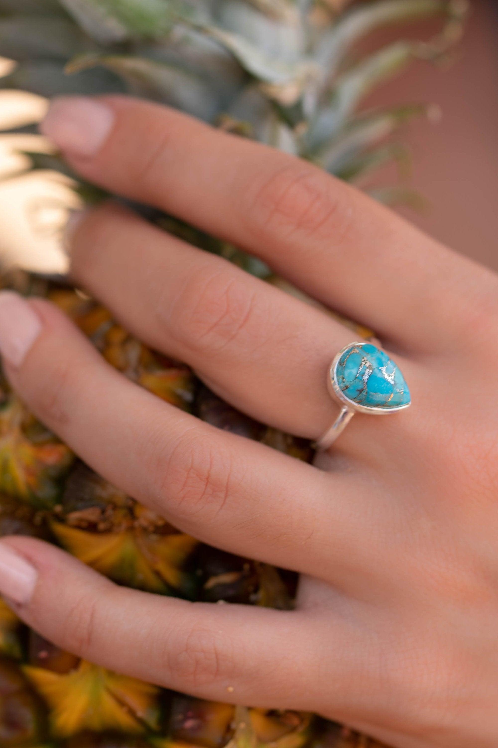 Copper Turquoise Tear Drop Ring ~ Gemstone ~ Natural ~ Sterling Silver 925~ Jewelry ~ Handmade ~ December Birthstone MR224