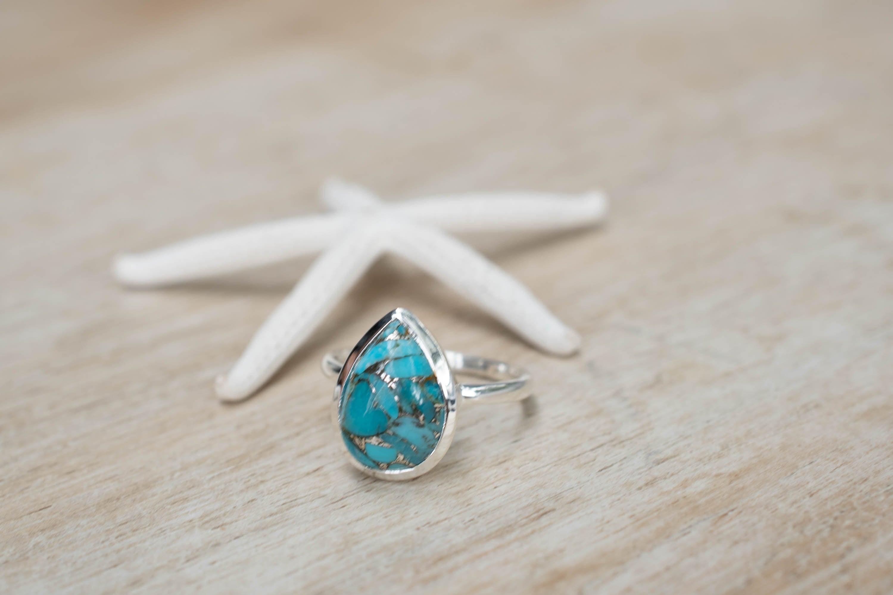 Copper Turquoise Tear Drop Ring ~ Gemstone ~ Natural ~ Sterling Silver 925~ Jewelry ~ Handmade ~ December Birthstone MR224