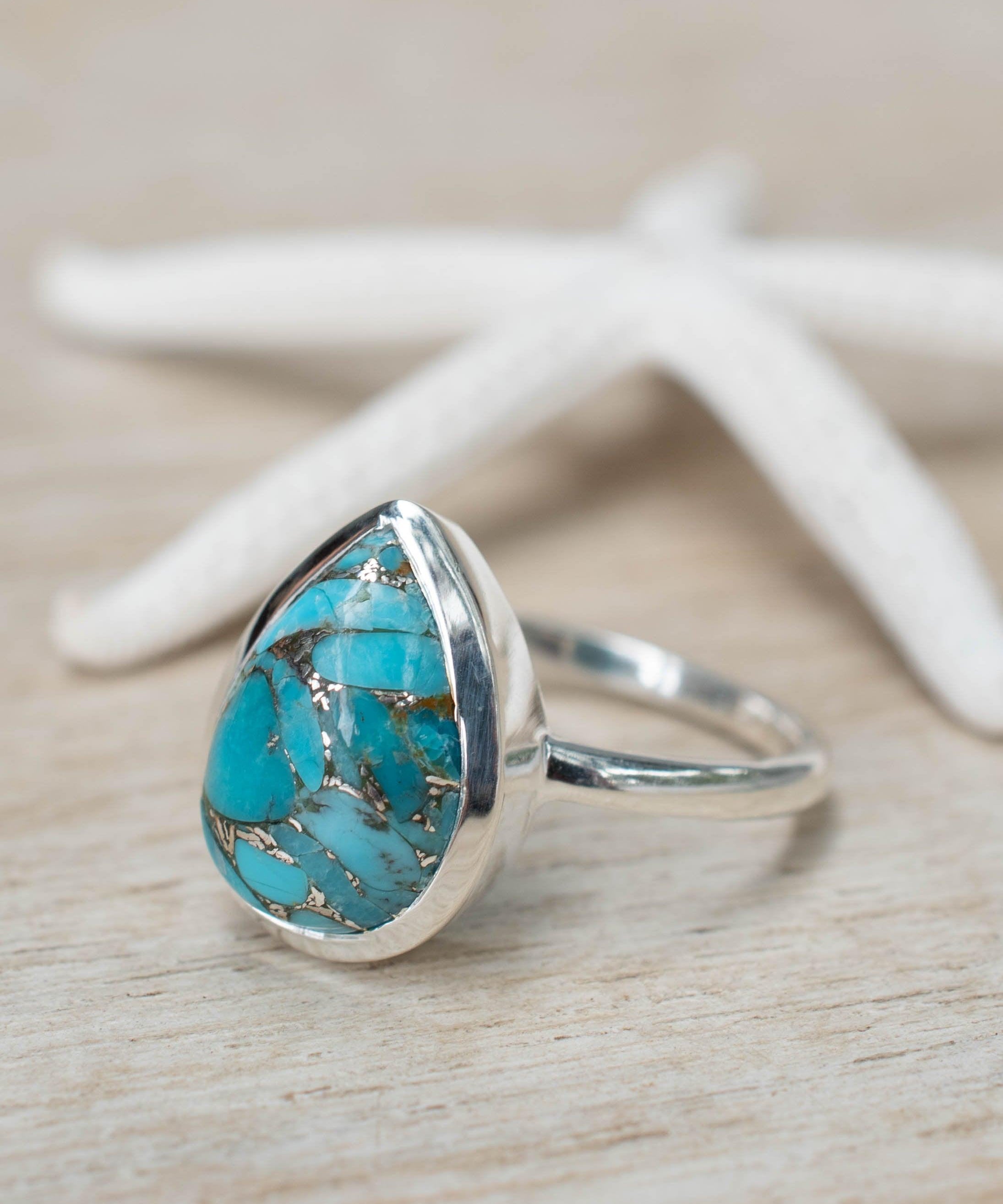 Copper Turquoise Tear Drop Ring ~ Gemstone ~ Natural ~ Sterling Silver 925~ Jewelry ~ Handmade ~ December Birthstone MR224