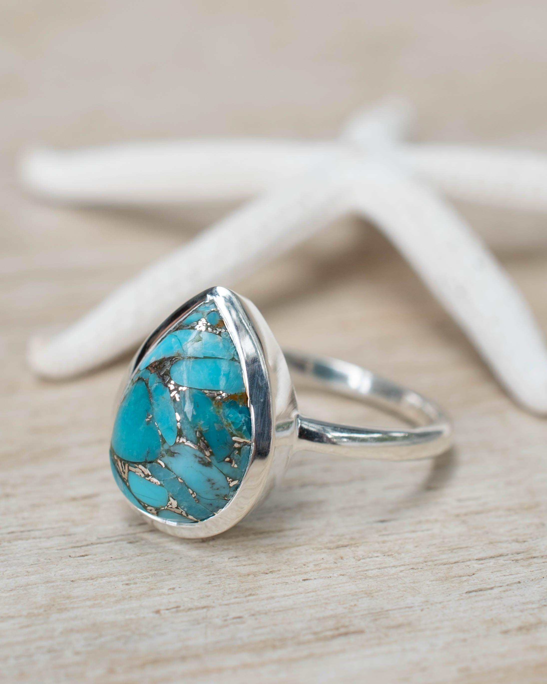 Copper Turquoise Tear Drop Ring ~ Gemstone ~ Natural ~ Sterling Silver 925~ Jewelry ~ Handmade ~ December Birthstone MR224