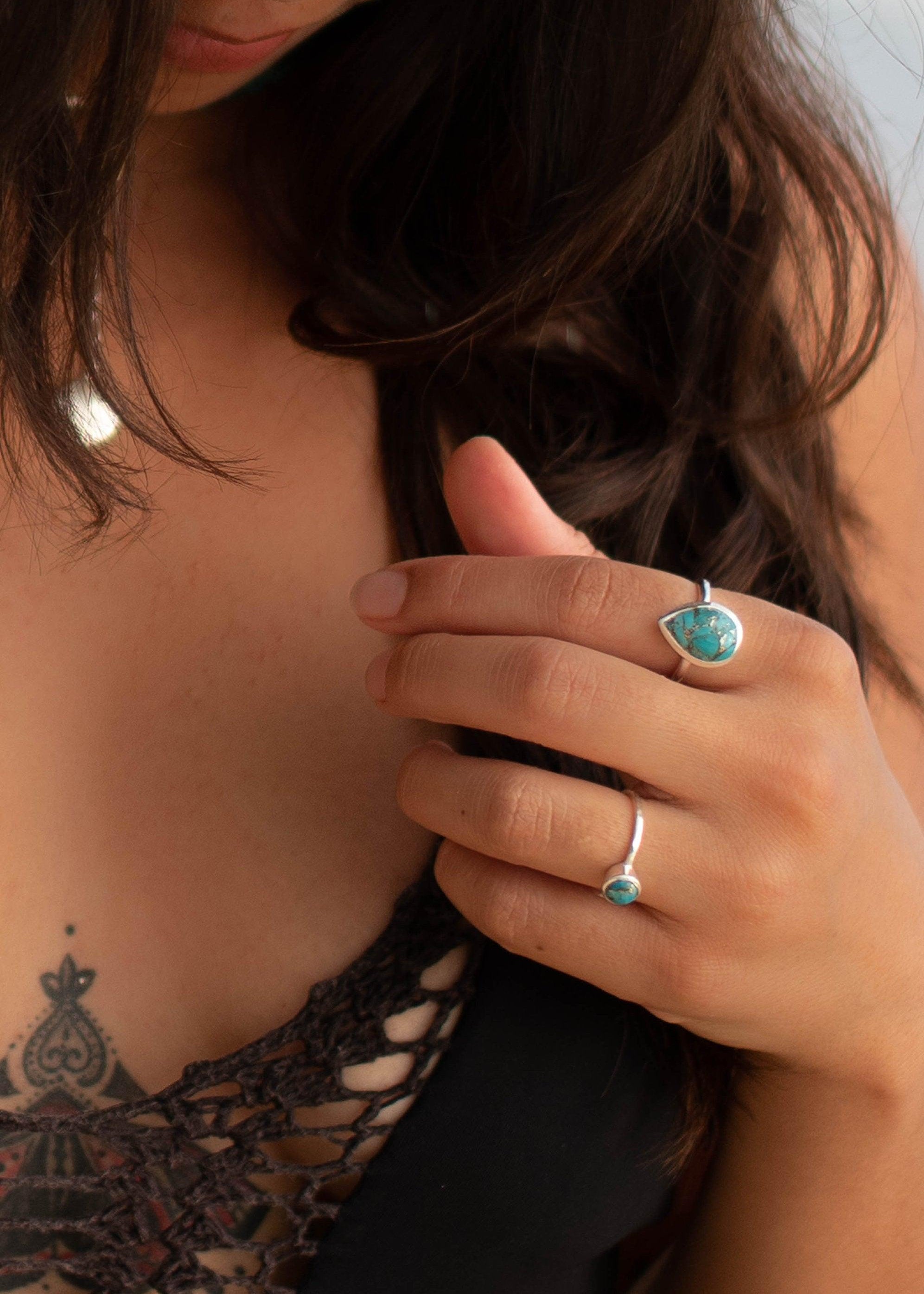 Copper Turquoise Tear Drop Ring ~ Gemstone ~ Natural ~ Sterling Silver 925~ Jewelry ~ Handmade ~ December Birthstone MR224