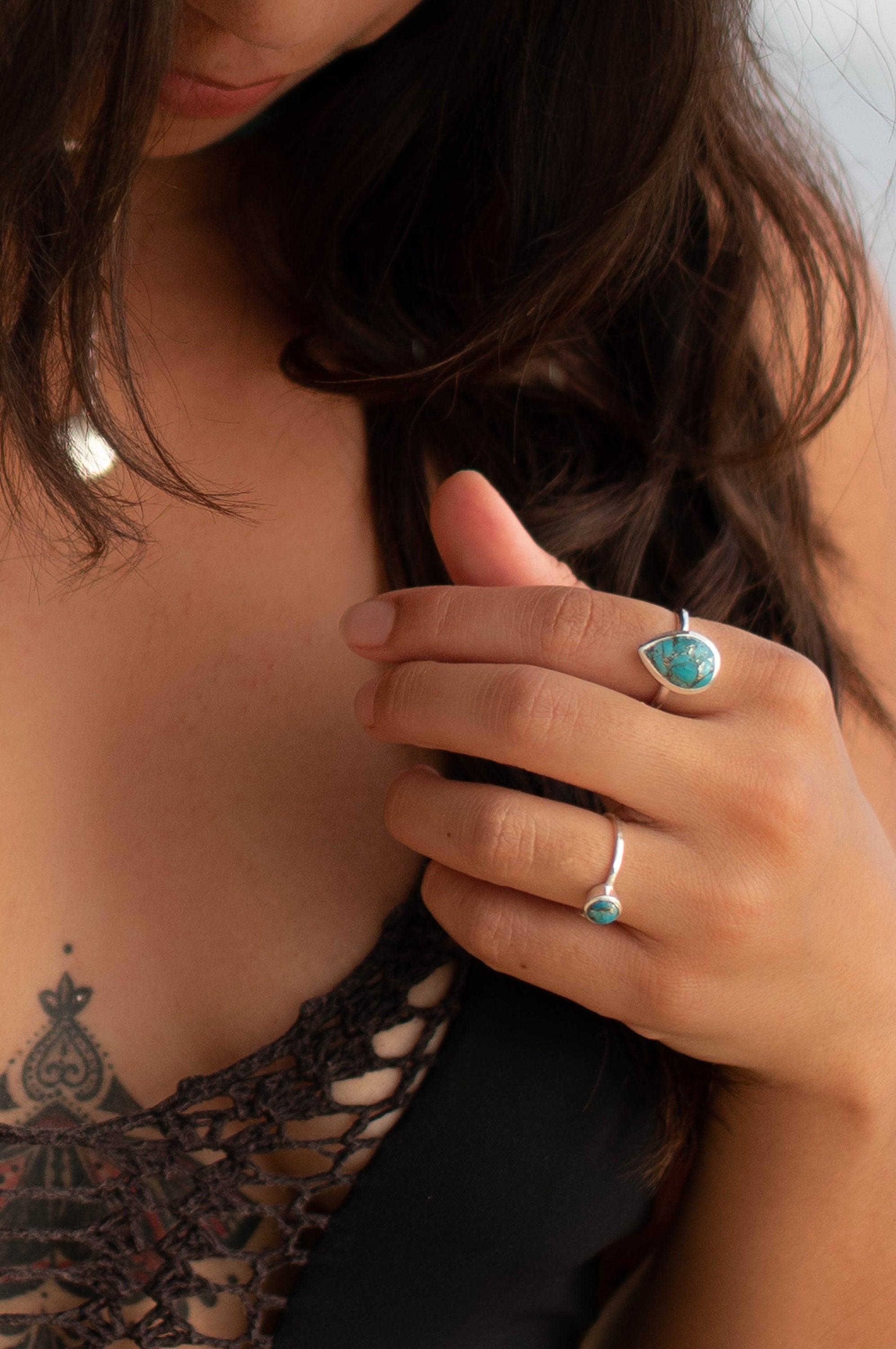 Copper Turquoise Tear Drop Ring ~ Gemstone ~ Natural ~ Sterling Silver 925~ Jewelry ~ Handmade ~ December Birthstone MR224