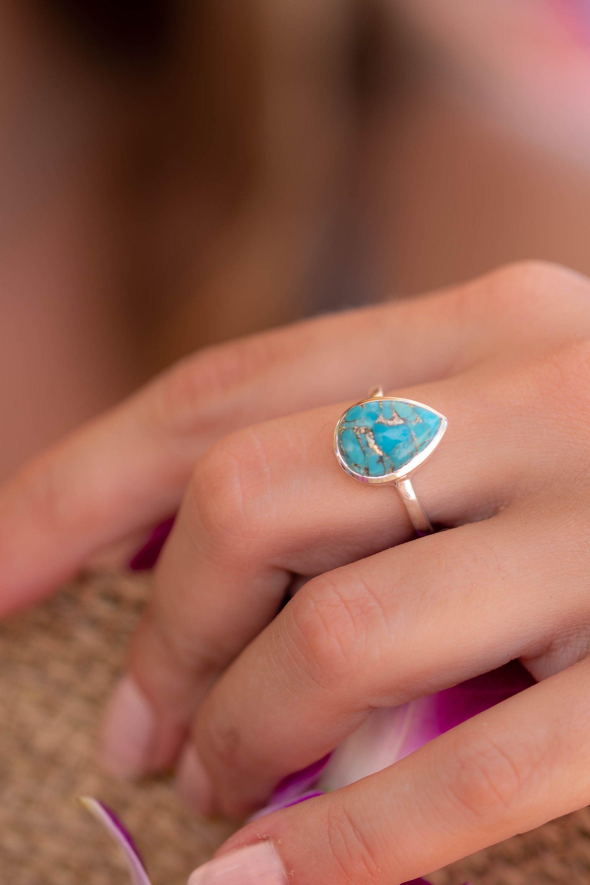 Copper Turquoise Tear Drop Ring ~ Gemstone ~ Natural ~ Sterling Silver 925~ Jewelry ~ Handmade ~ December Birthstone MR224