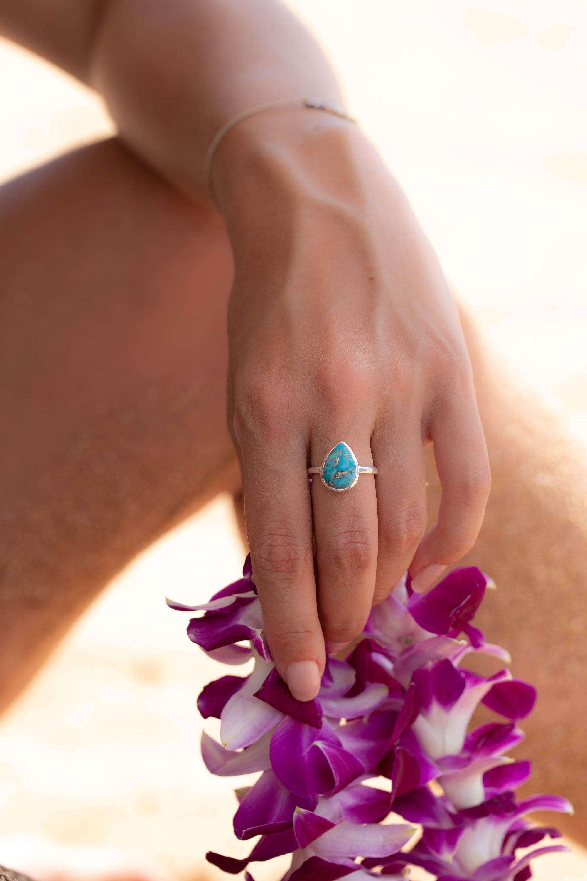 Copper Turquoise Tear Drop Ring ~ Gemstone ~ Natural ~ Sterling Silver 925~ Jewelry ~ Handmade ~ December Birthstone MR224