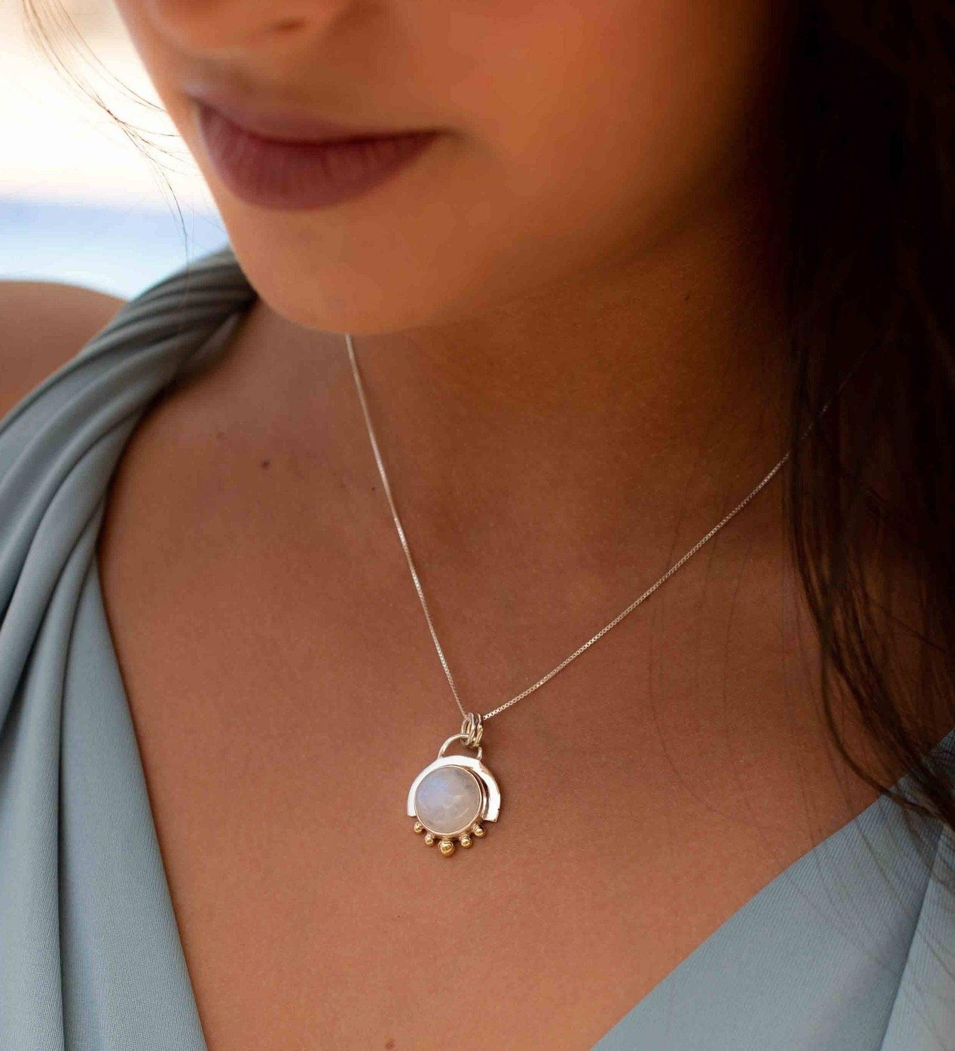 Moonstone or Turquoise Pendant ~ Mix metals ~ Sterling Silver and brass  ~ Delicate ~ Minimalist ~  Charm ~ MN086