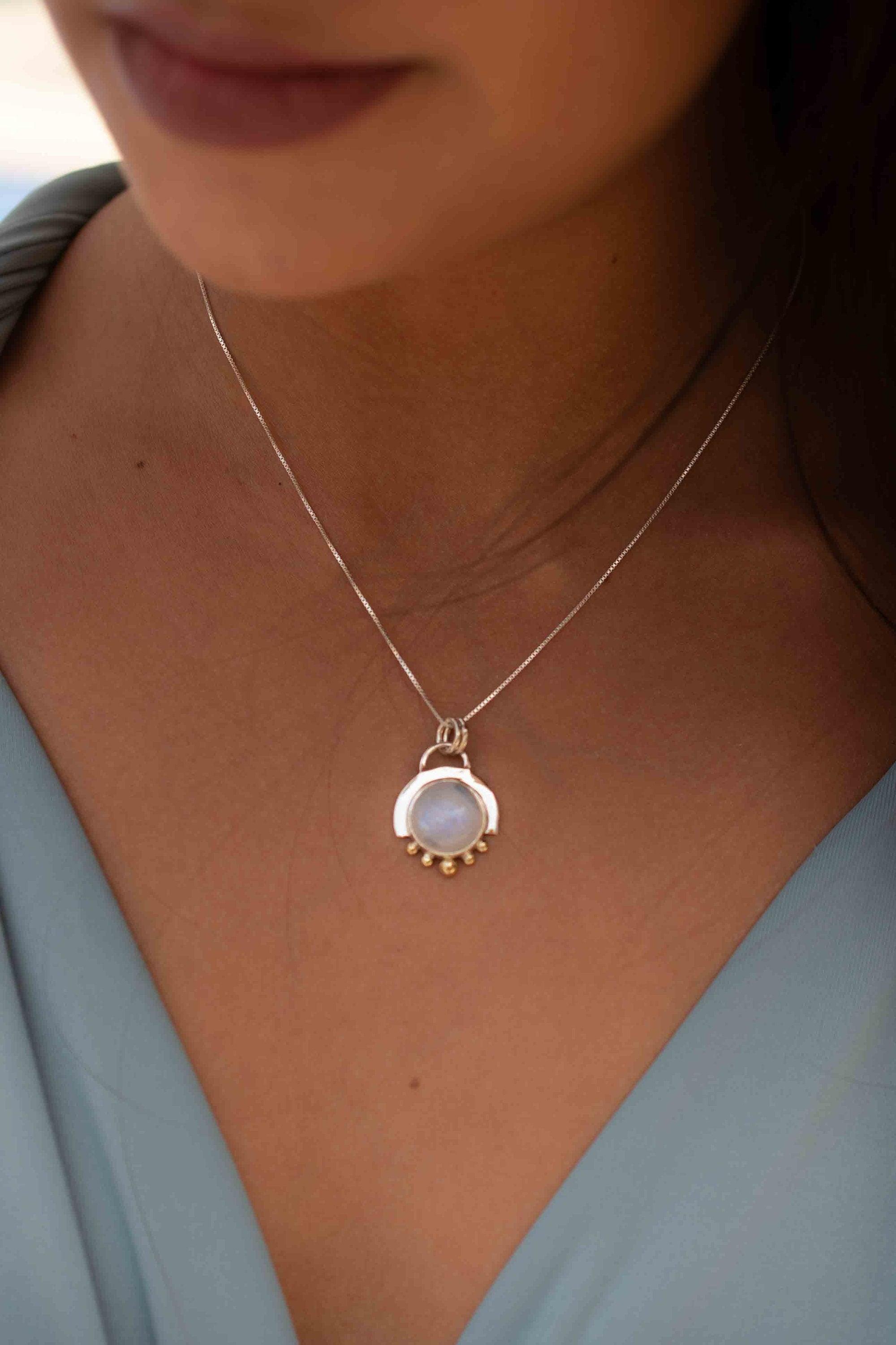 Moonstone or Turquoise Pendant ~ Mix metals ~ Sterling Silver and brass  ~ Delicate ~ Minimalist ~  Charm ~ MN086