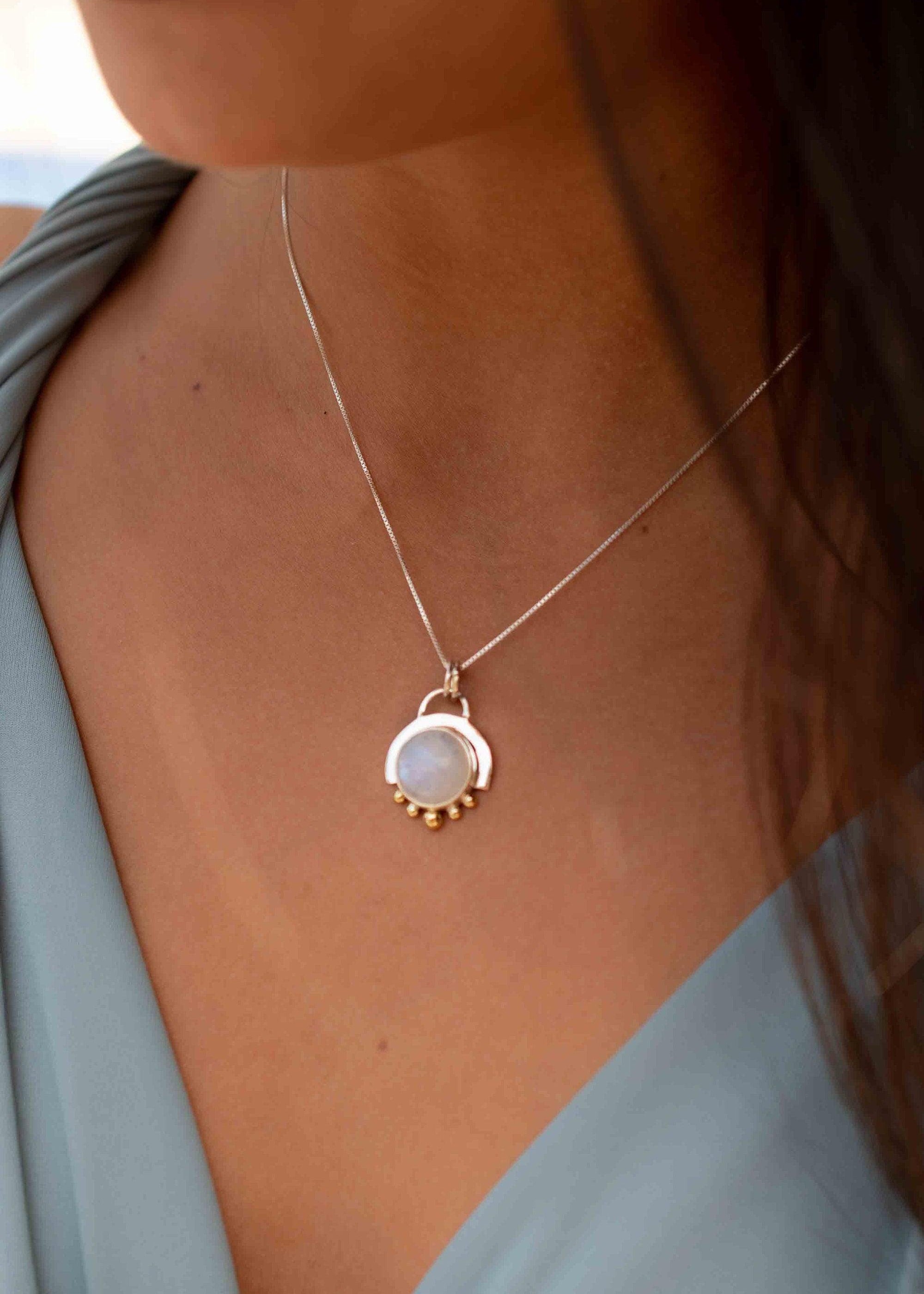 Moonstone or Turquoise Pendant ~ Mix metals ~ Sterling Silver and brass  ~ Delicate ~ Minimalist ~  Charm ~ MN086