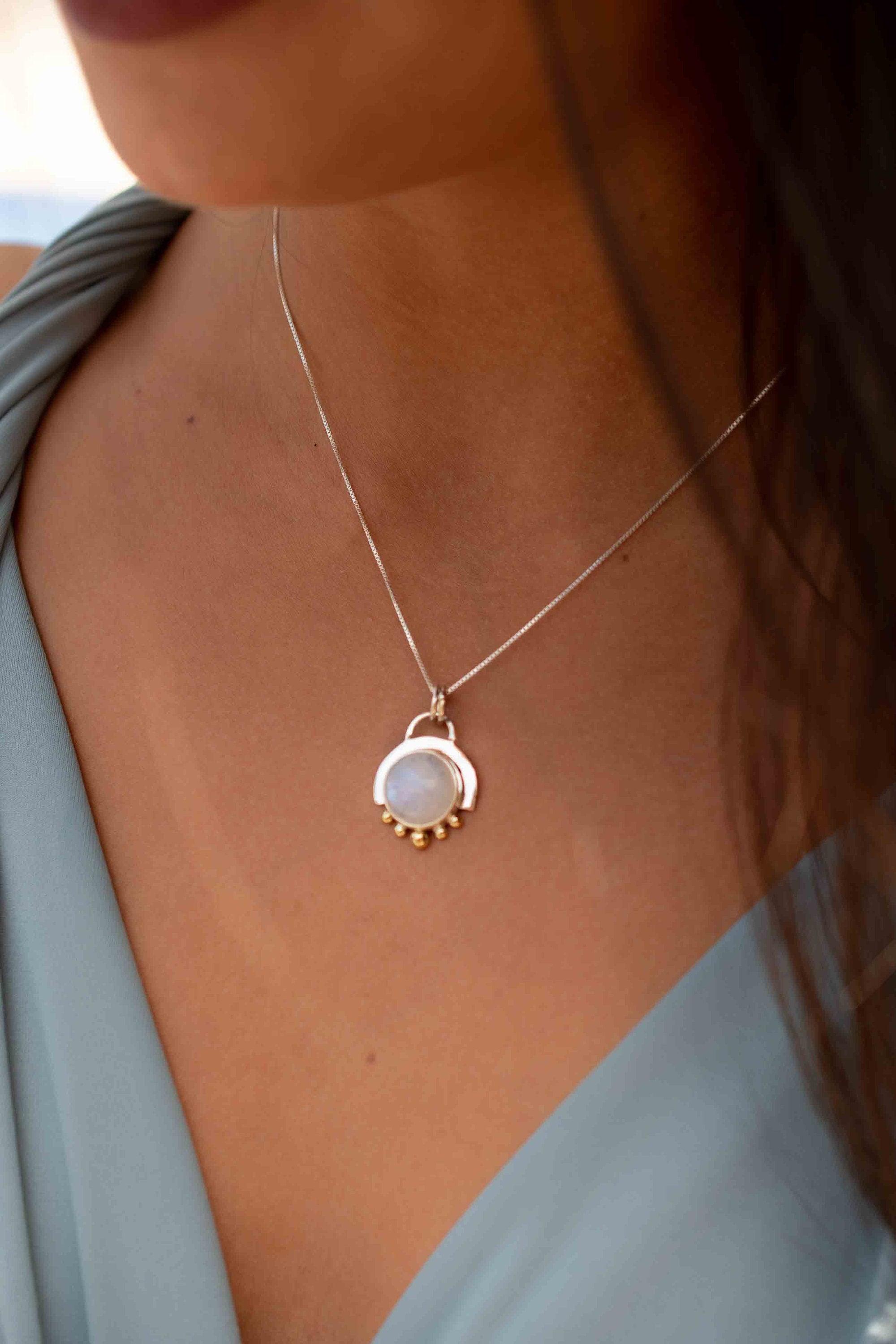 Moonstone or Turquoise Pendant ~ Mix metals ~ Sterling Silver and brass  ~ Delicate ~ Minimalist ~  Charm ~ MN086