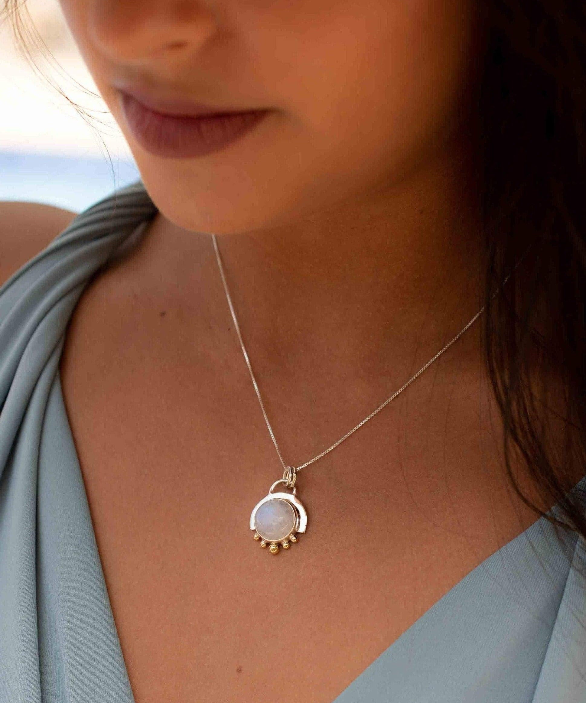 Moonstone or Turquoise Pendant ~ Mix metals ~ Sterling Silver and brass  ~ Delicate ~ Minimalist ~  Charm MN087