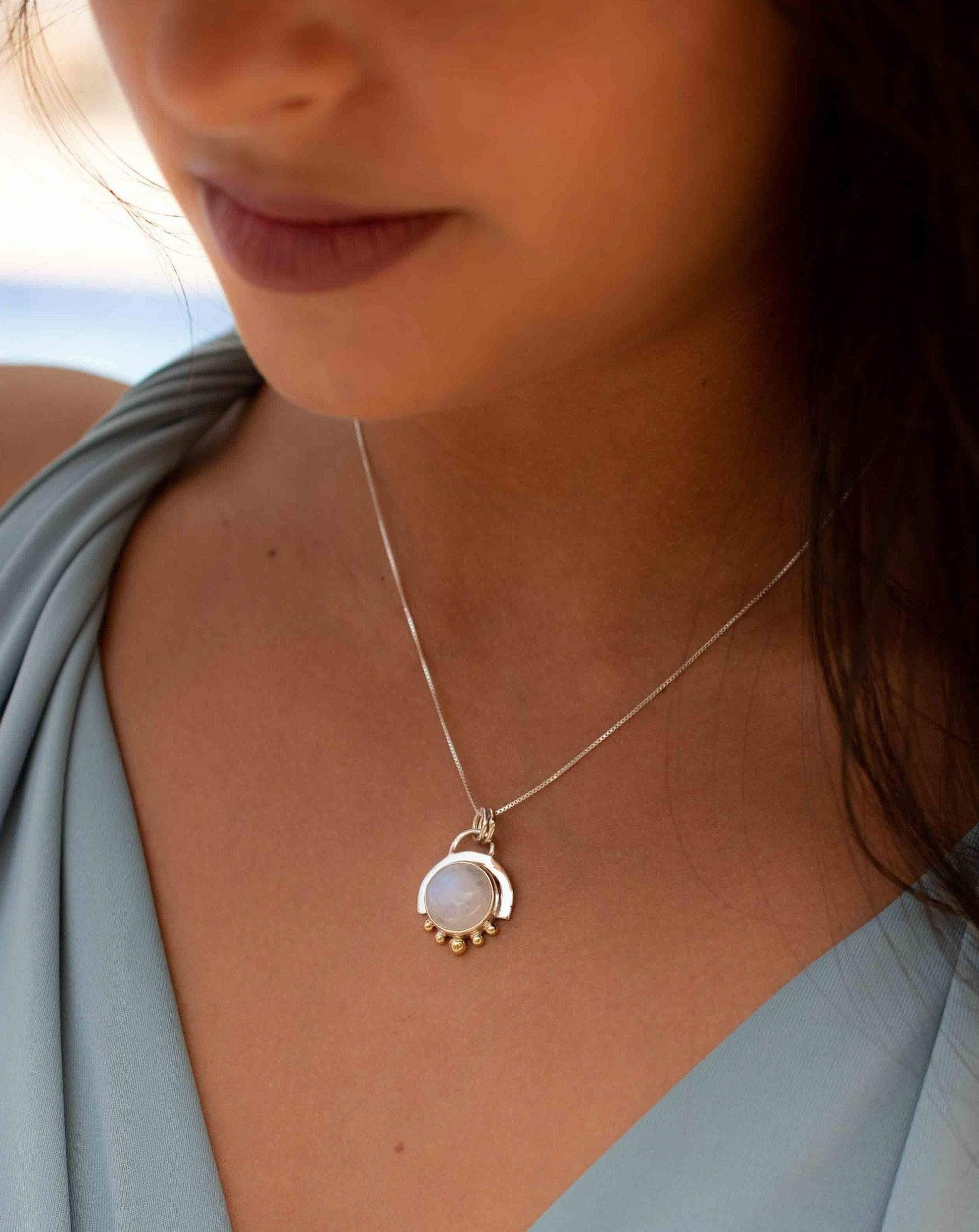 Moonstone or Turquoise Pendant ~ Mix metals ~ Sterling Silver and brass  ~ Delicate ~ Minimalist ~  Charm MN087