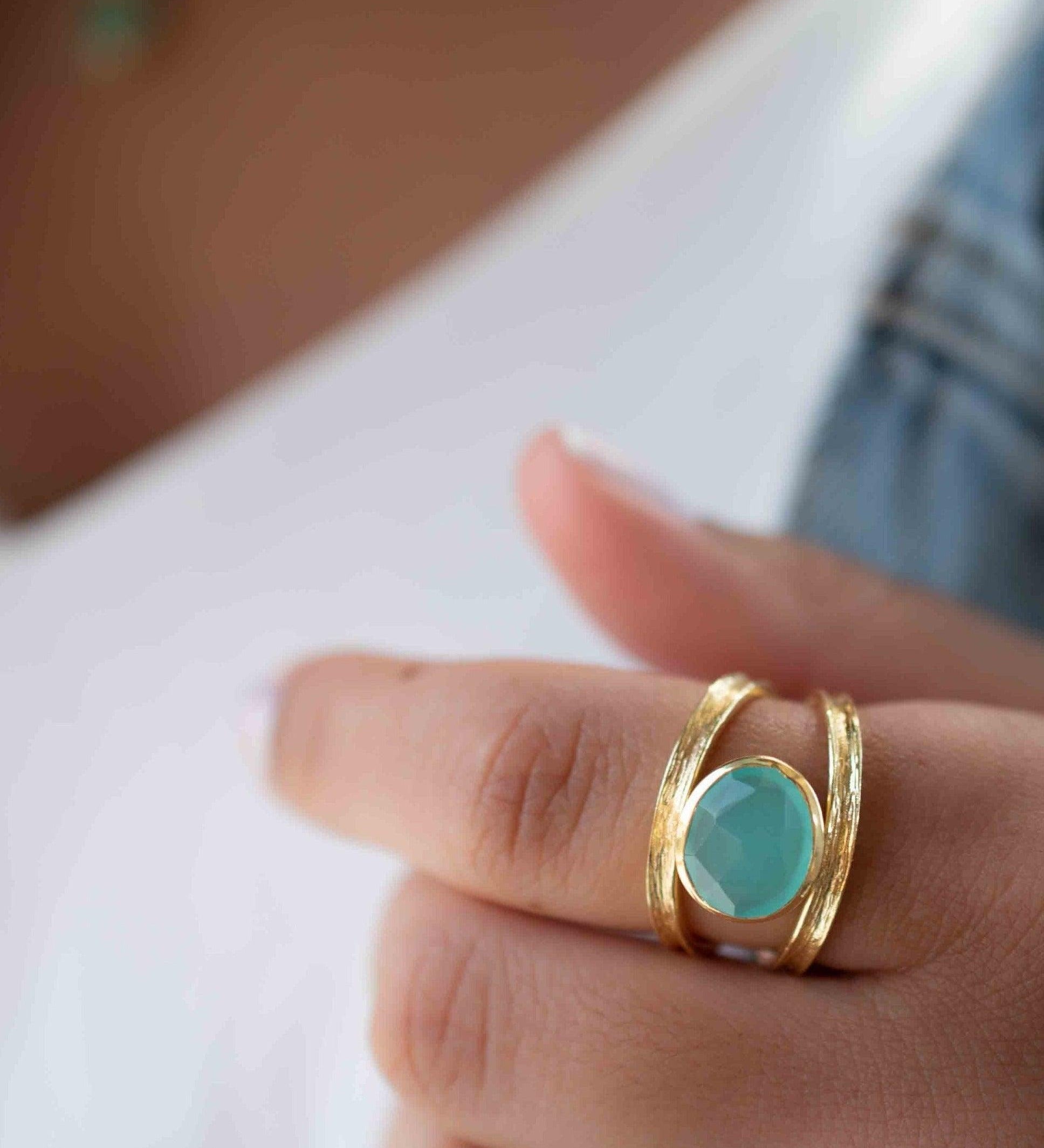 Aqua Chalcedony Gold Ring ~ Tear Drop Ring Delicate ~ 18k Gold Plated~Handmade~Gemstone~Statement~Everyday~Bohemian~ May Birthstone MR309