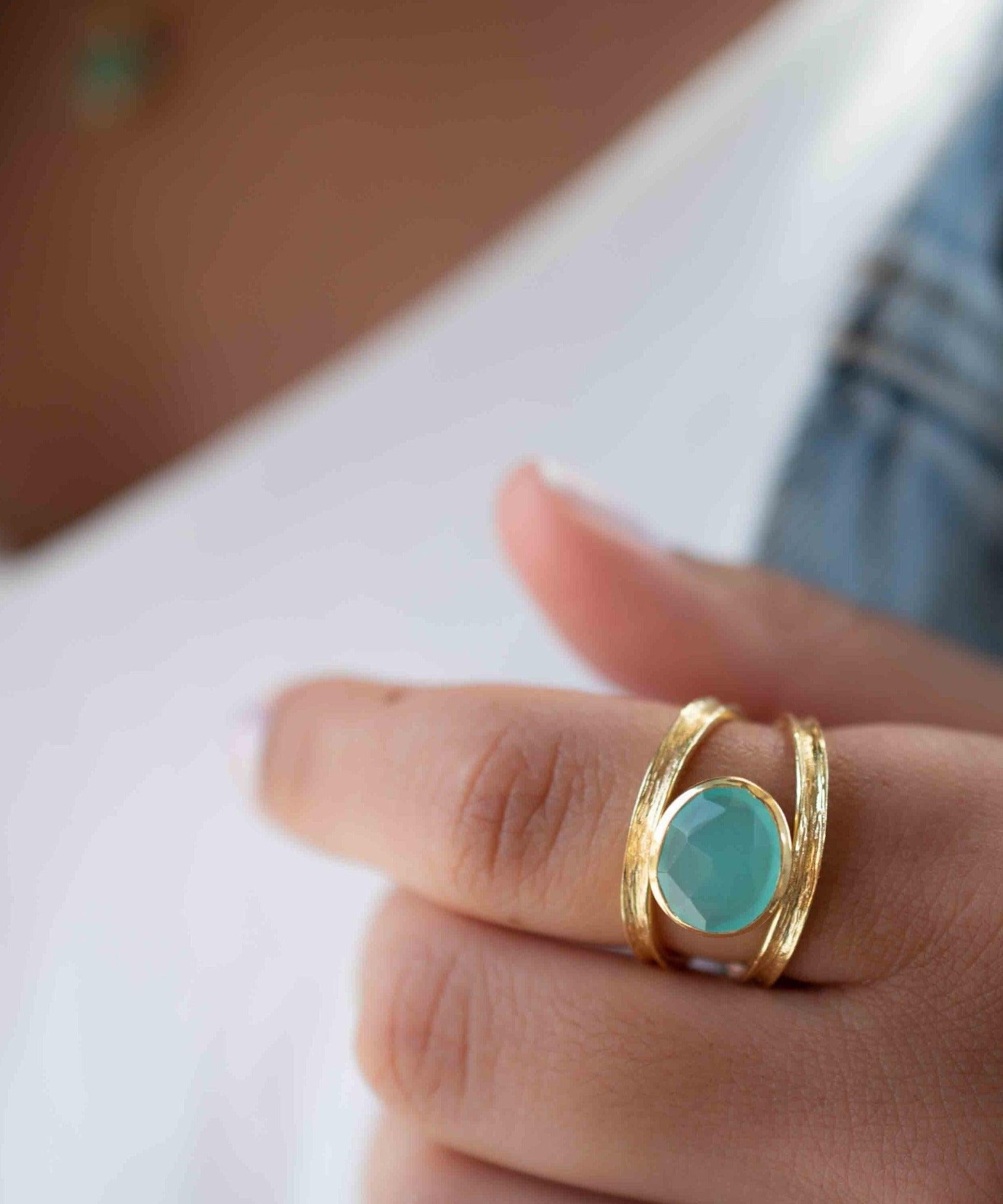 Aqua Chalcedony Gold Ring ~ Tear Drop Ring Delicate ~ 18k Gold Plated~Handmade~Gemstone~Statement~Everyday~Bohemian~ May Birthstone MR309