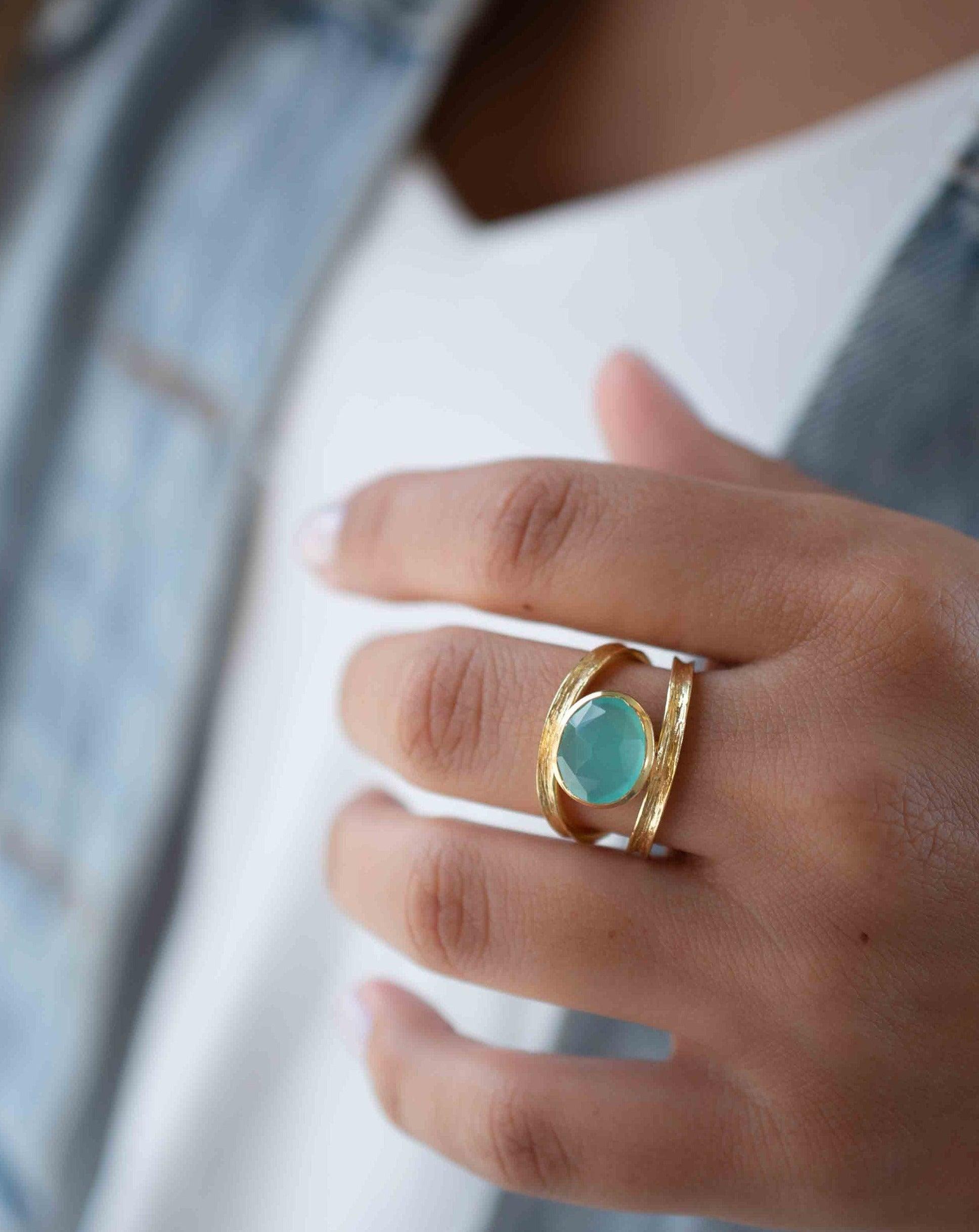 Aqua Chalcedony Gold Ring ~ Tear Drop Ring Delicate ~ 18k Gold Plated~Handmade~Gemstone~Statement~Everyday~Bohemian~ May Birthstone MR309