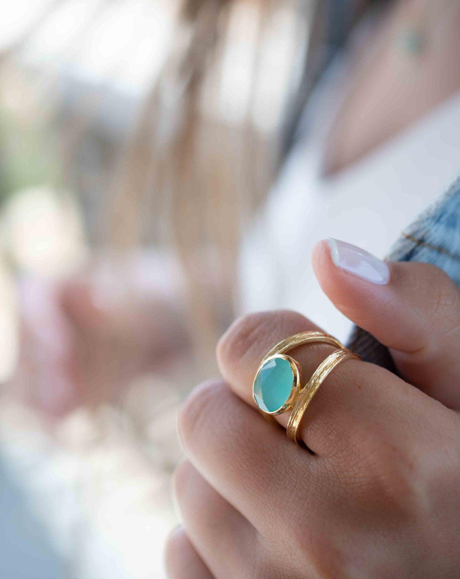 Aqua Chalcedony Gold Ring ~ Tear Drop Ring Delicate ~ 18k Gold Plated~Handmade~Gemstone~Statement~Everyday~Bohemian~ May Birthstone MR309