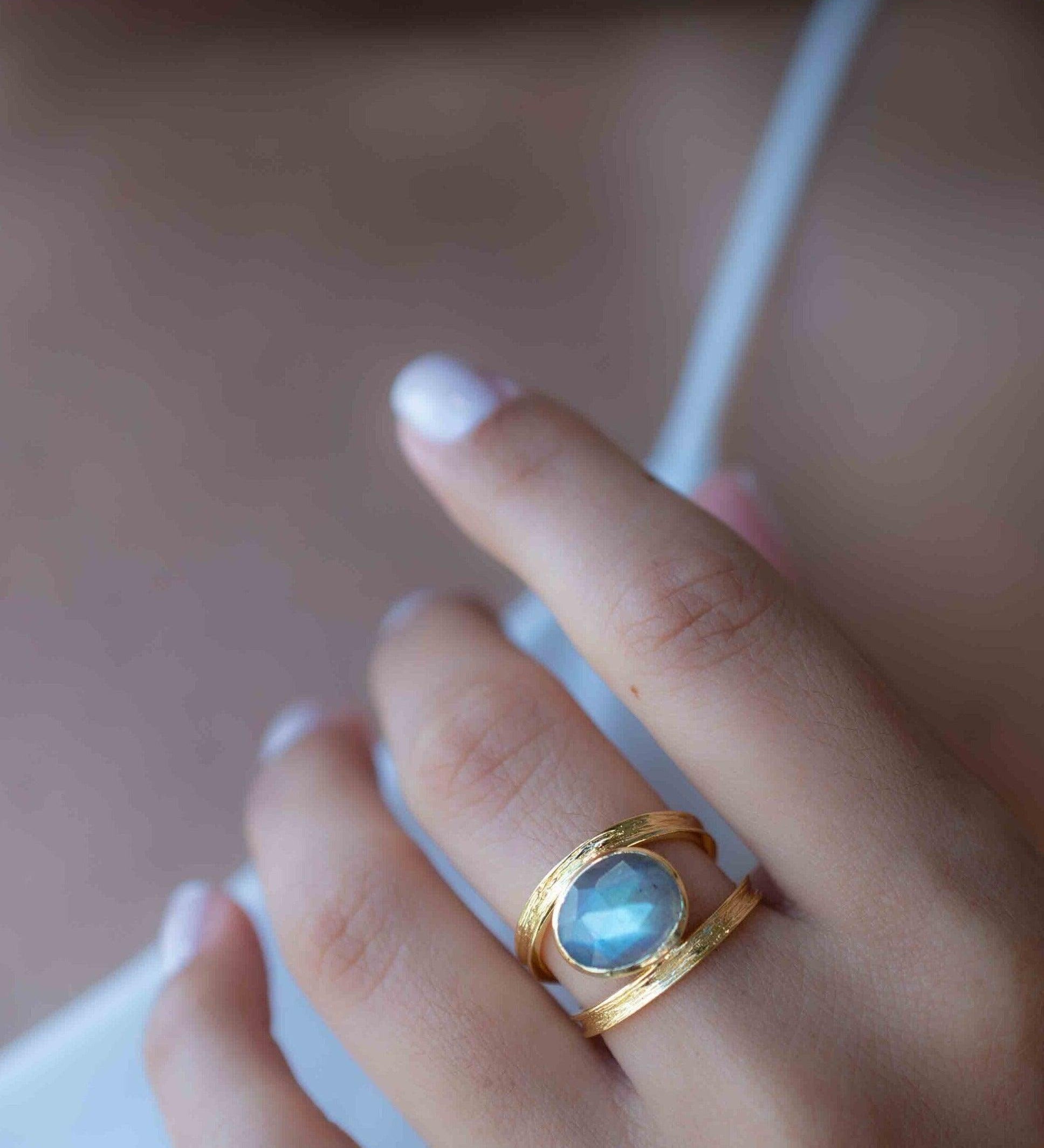 Rainbow Labradorite Tear Drop Ring ~ Gemstone ~ Natural ~ 18k Gold Plated ~ Jewelry ~ Handmade~February Birthstone - MR308