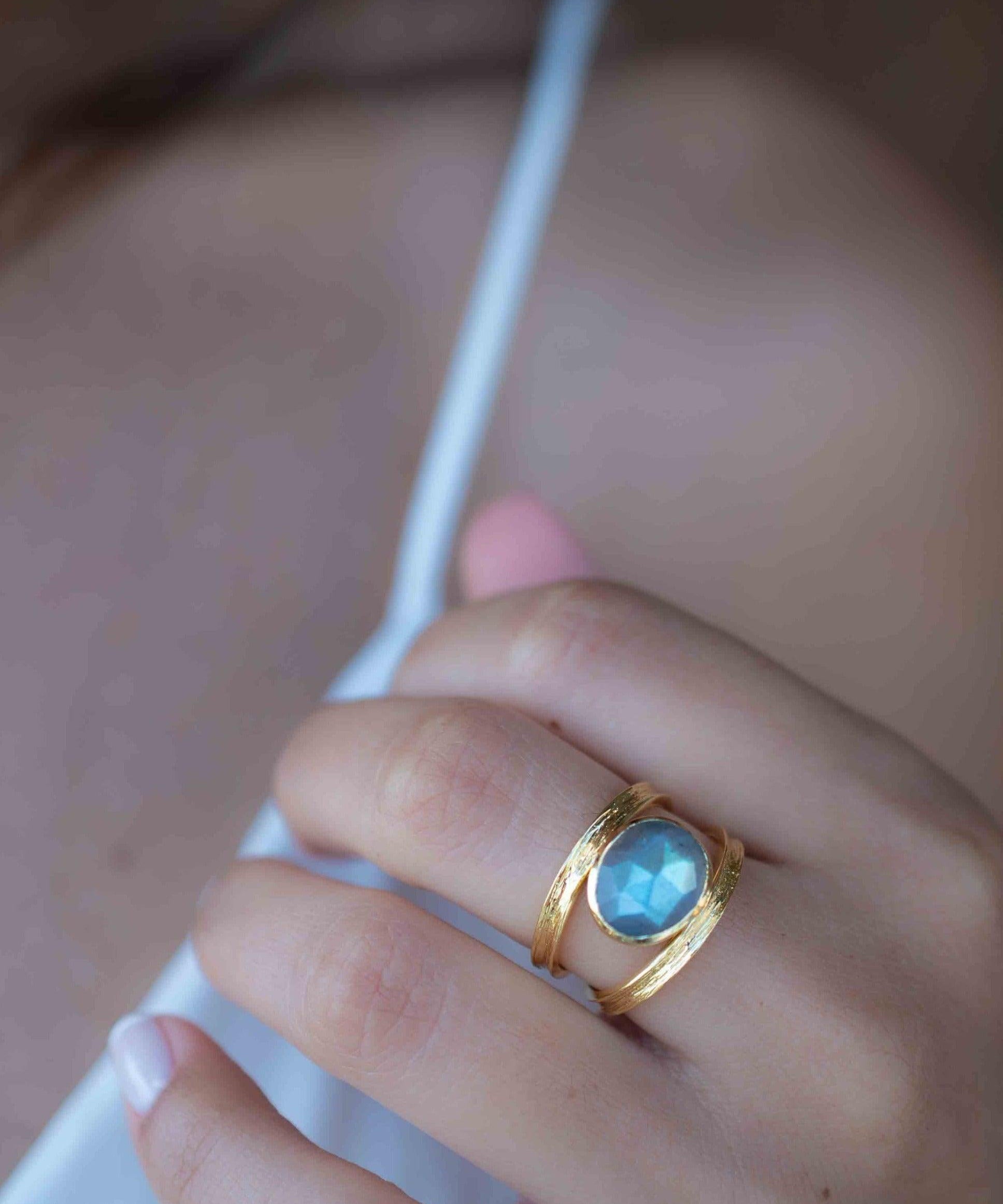 Rainbow Labradorite Tear Drop Ring ~ Gemstone ~ Natural ~ 18k Gold Plated ~ Jewelry ~ Handmade~February Birthstone - MR308