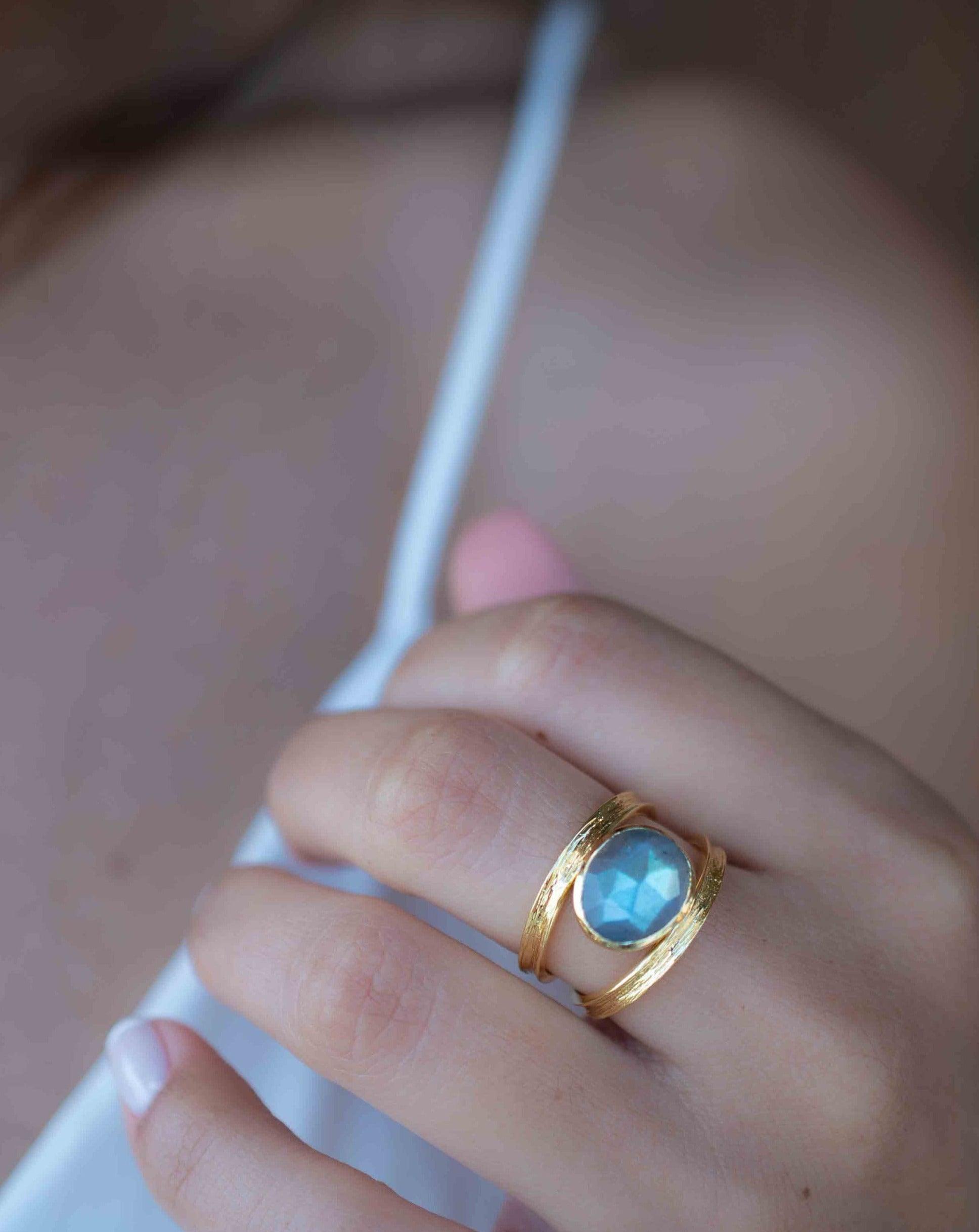 Rainbow Labradorite Tear Drop Ring ~ Gemstone ~ Natural ~ 18k Gold Plated ~ Jewelry ~ Handmade~February Birthstone - MR308