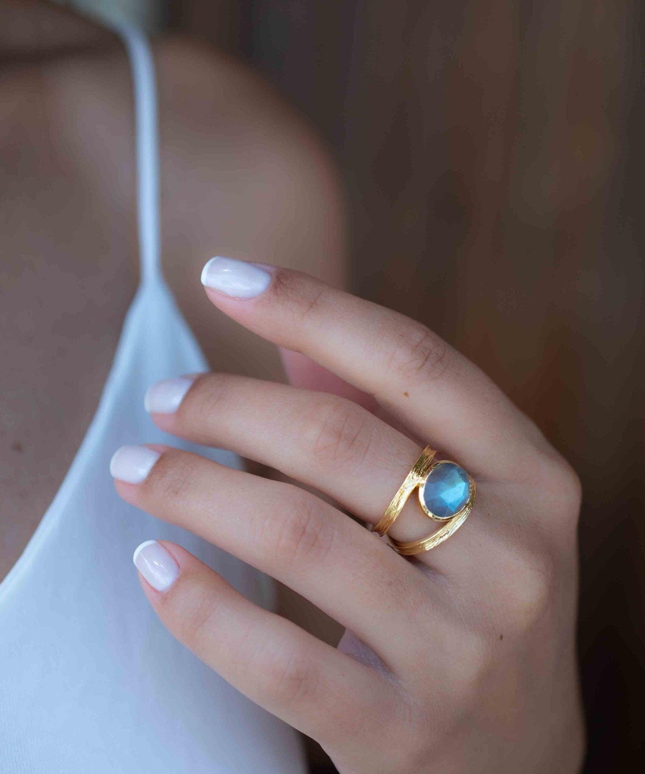 Rainbow Labradorite Tear Drop Ring ~ Gemstone ~ Natural ~ 18k Gold Plated ~ Jewelry ~ Handmade~February Birthstone - MR308