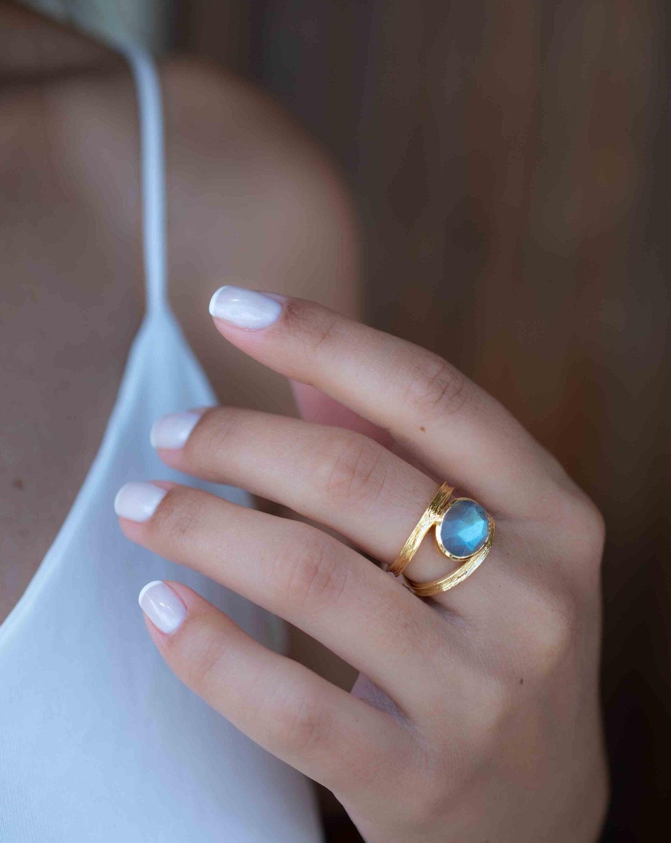 Rainbow Labradorite Tear Drop Ring ~ Gemstone ~ Natural ~ 18k Gold Plated ~ Jewelry ~ Handmade~February Birthstone - MR308