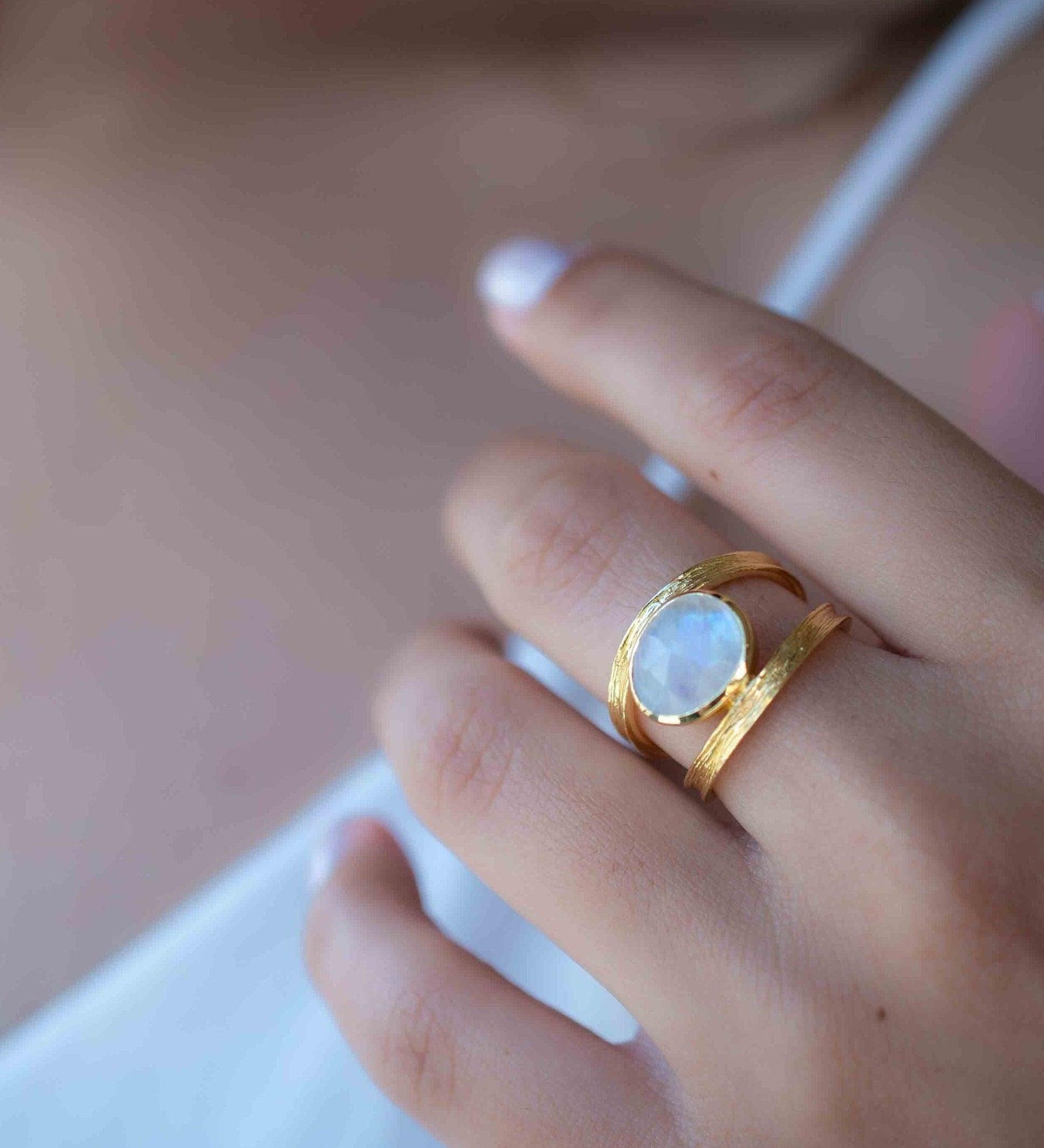 Rainbow Moonstone Double Ring ~ Gemstone ~ Natural ~ 18k Gold Plated ~ Jewelry ~ Handmade~June Birthstone - MR307