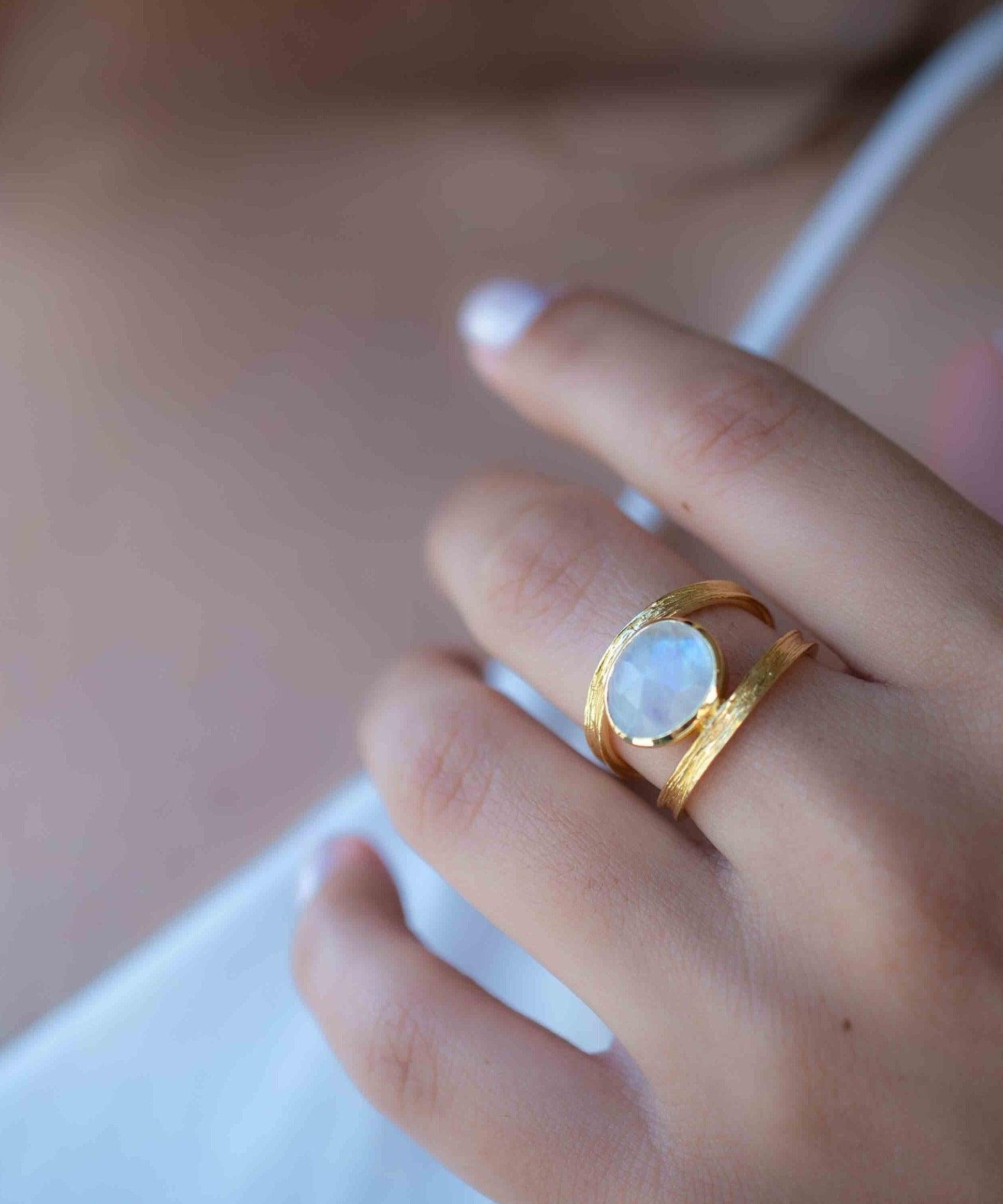 Rainbow Moonstone Double Ring ~ Gemstone ~ Natural ~ 18k Gold Plated ~ Jewelry ~ Handmade~June Birthstone - MR307