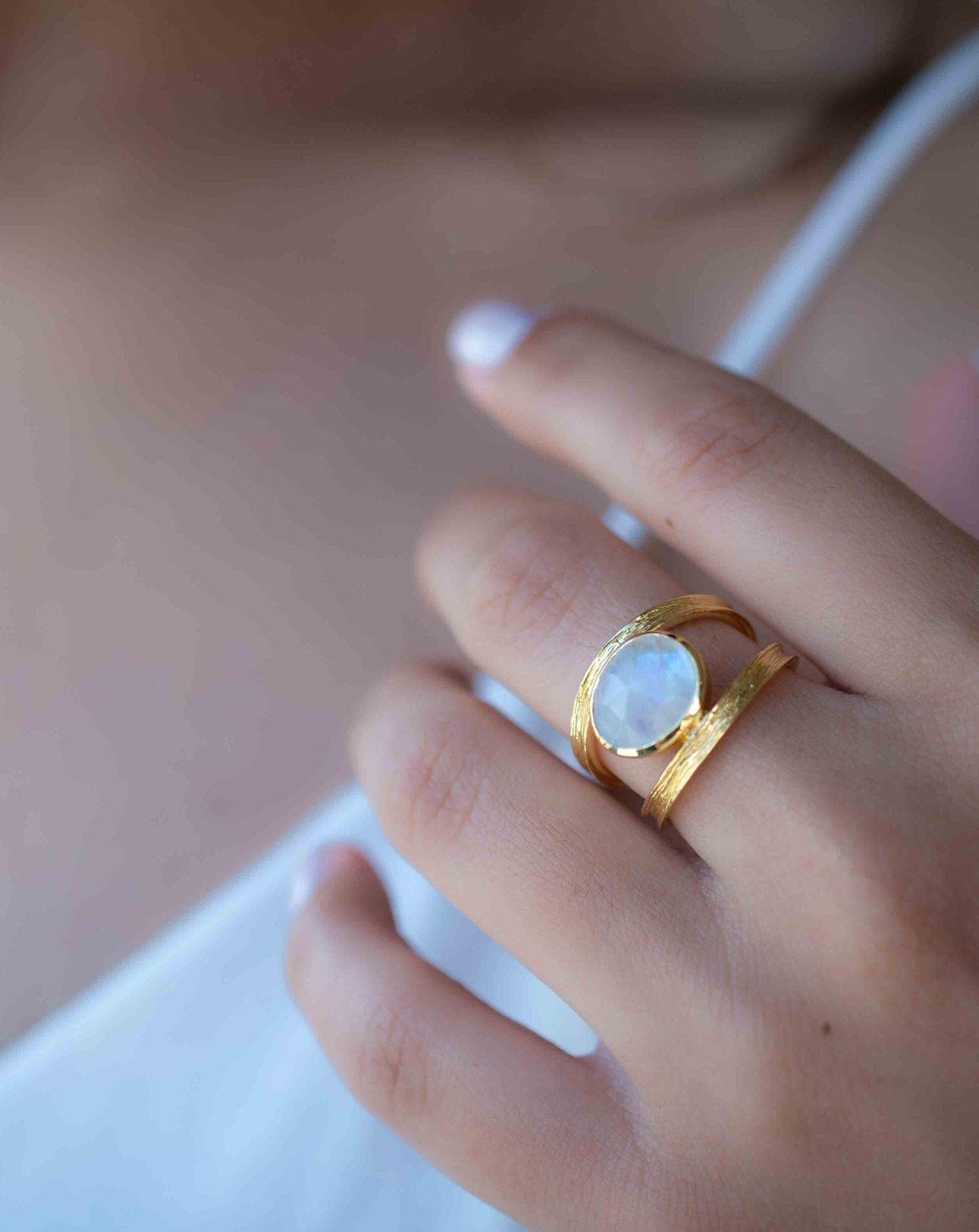 Rainbow Moonstone Double Ring ~ Gemstone ~ Natural ~ 18k Gold Plated ~ Jewelry ~ Handmade~June Birthstone - MR307