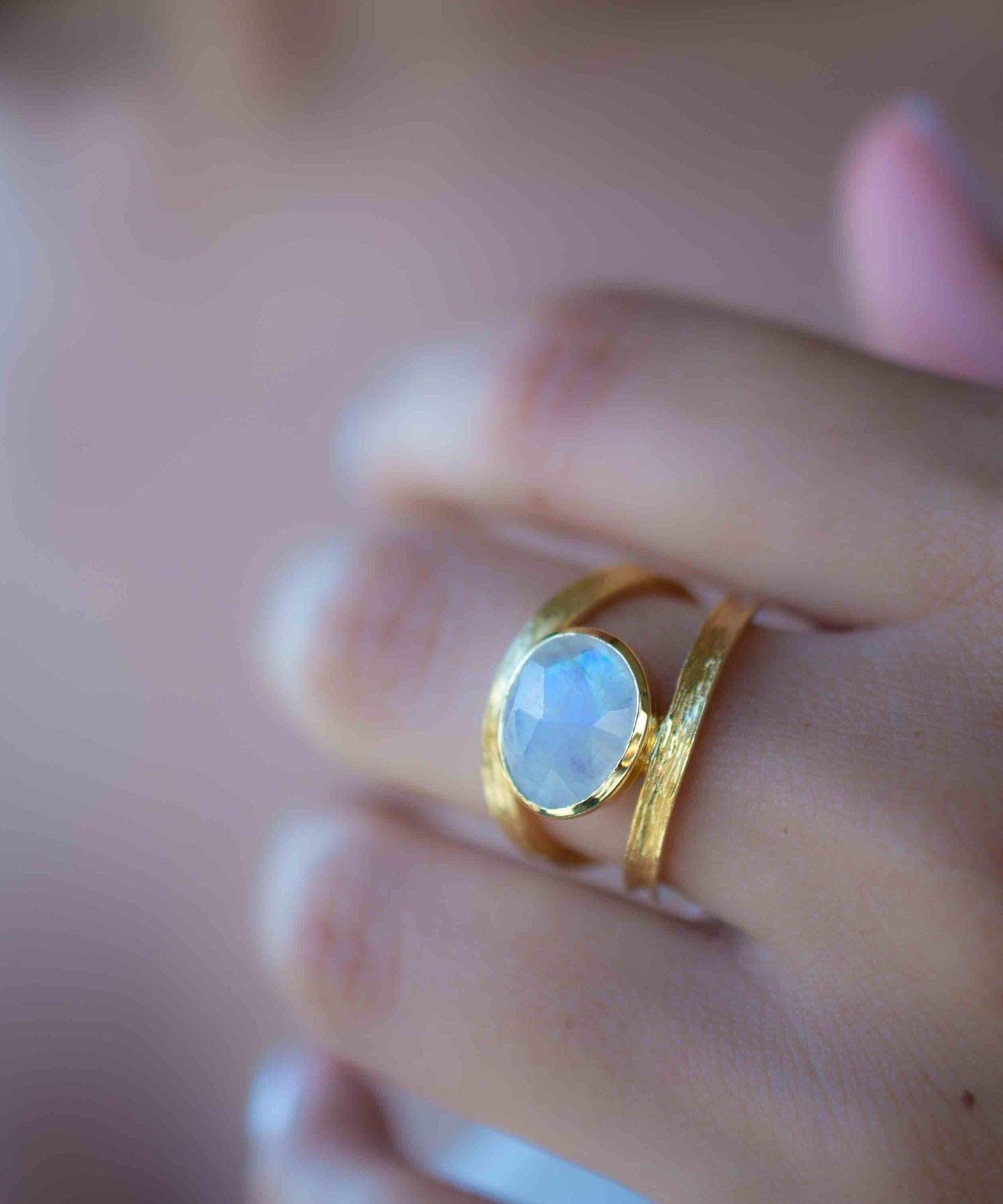Rainbow Moonstone Double Ring ~ Gemstone ~ Natural ~ 18k Gold Plated ~ Jewelry ~ Handmade~June Birthstone - MR307