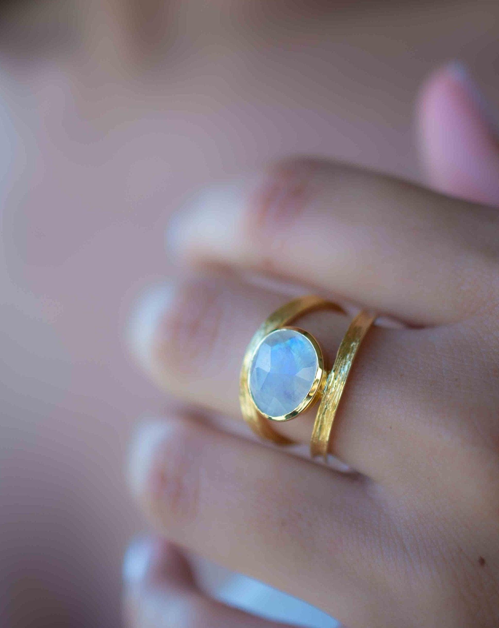 Rainbow Moonstone Double Ring ~ Gemstone ~ Natural ~ 18k Gold Plated ~ Jewelry ~ Handmade~June Birthstone - MR307