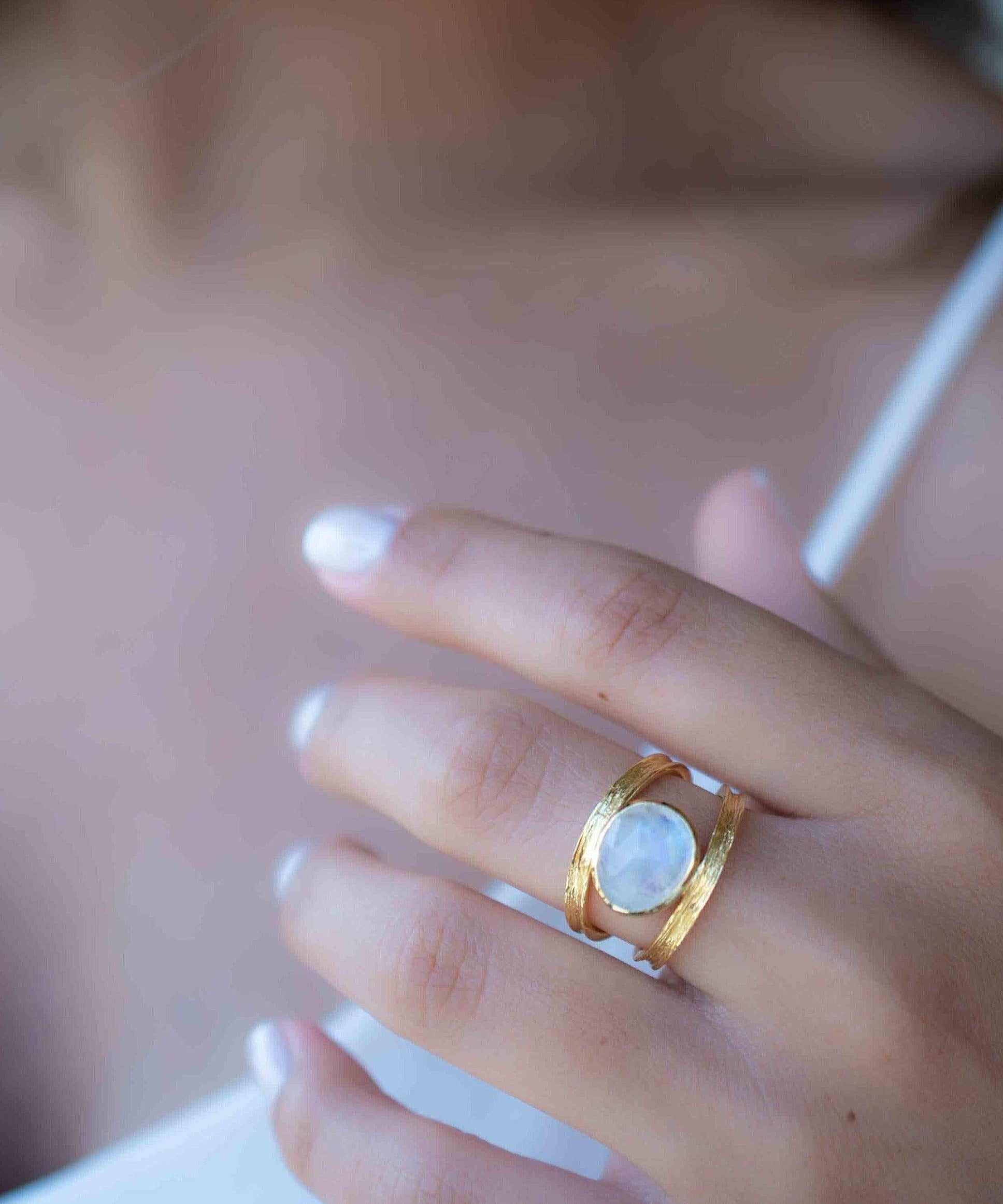 Rainbow Moonstone Double Ring ~ Gemstone ~ Natural ~ 18k Gold Plated ~ Jewelry ~ Handmade~June Birthstone - MR307