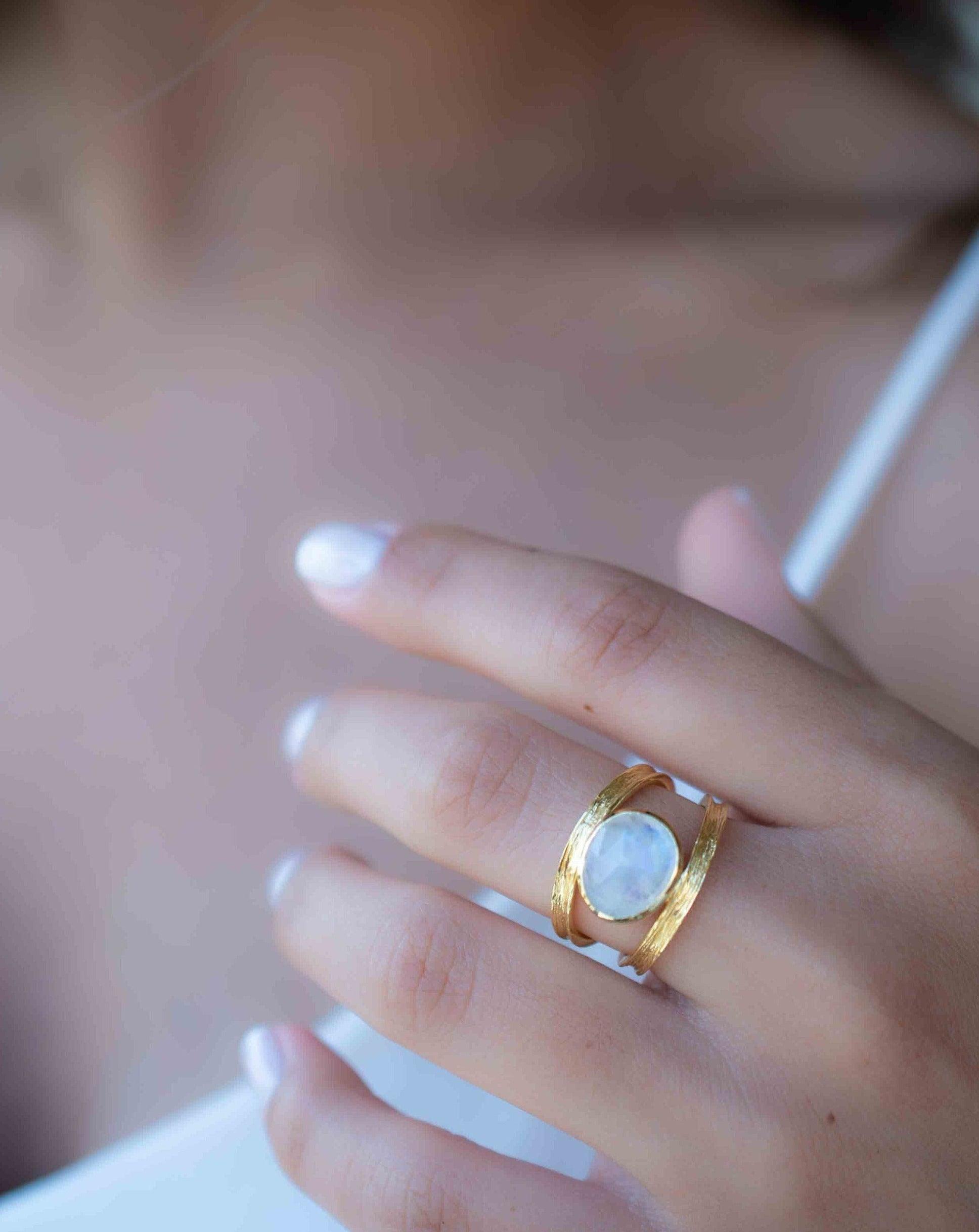 Rainbow Moonstone Double Ring ~ Gemstone ~ Natural ~ 18k Gold Plated ~ Jewelry ~ Handmade~June Birthstone - MR307