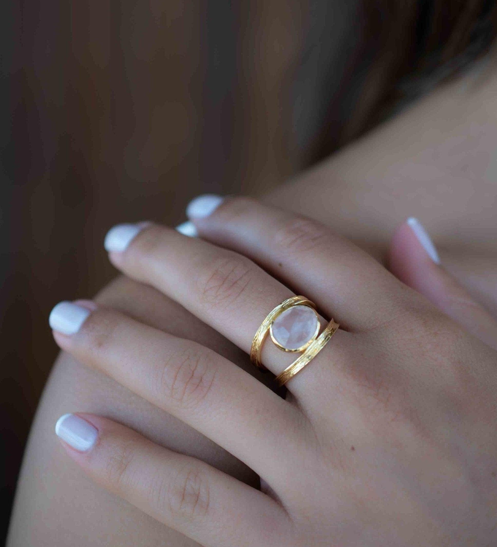 Rose Quartz Tear Drop Ring ~ Gemstone ~ Natural ~ 18k Gold Plated ~ Jewelry ~ Handmade~ January Birthstone - MR310