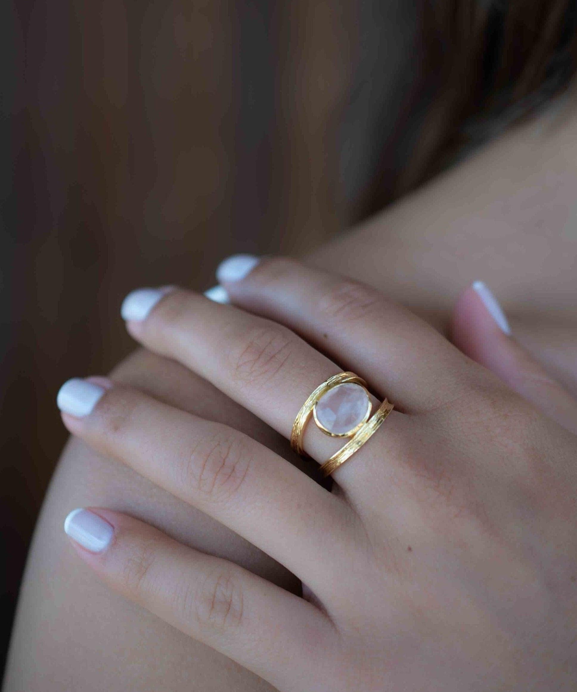 Rose Quartz Tear Drop Ring ~ Gemstone ~ Natural ~ 18k Gold Plated ~ Jewelry ~ Handmade~ January Birthstone - MR310